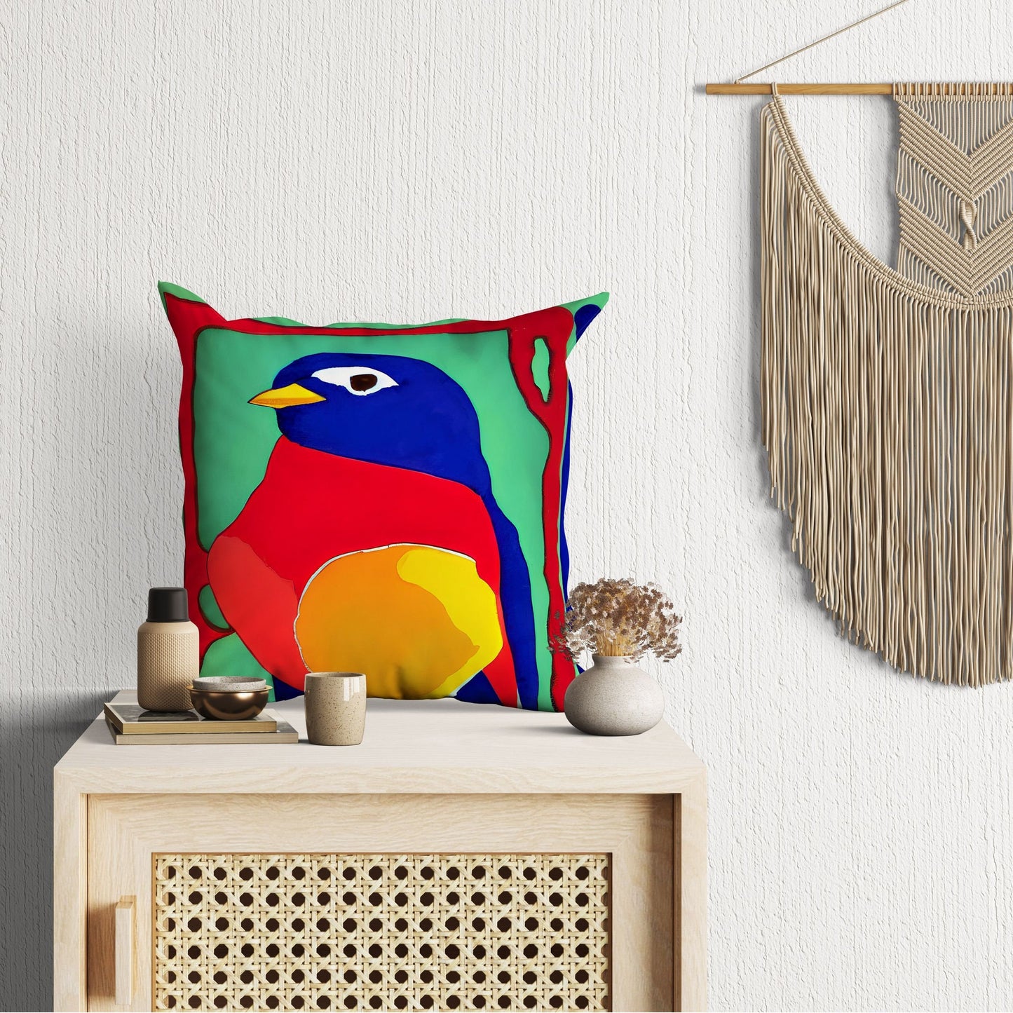 Red Bird Throw Pillow Cover, Abstract Throw Pillow, Artist Pillow, Colorful Pillow Case, Contemporary Pillow, Square Pillow