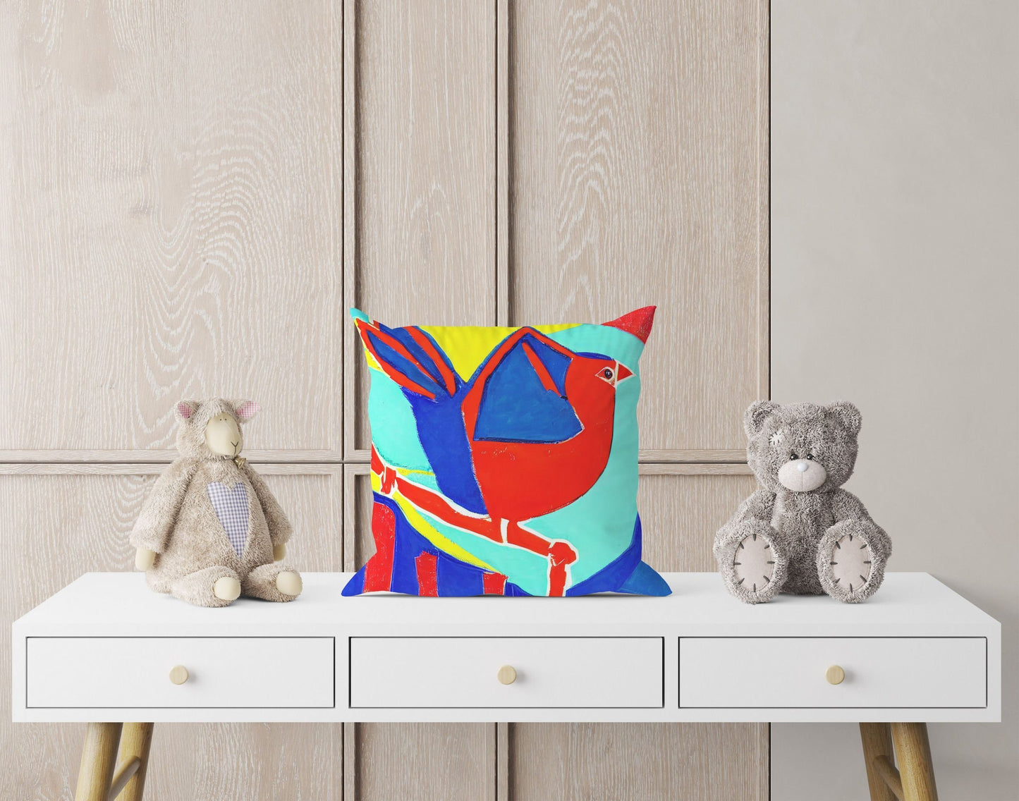 Red Bird Throw Pillow, Abstract Pillow, Artist Pillow, Colorful Pillow Case, Modern Pillow, Square Pillow, Housewarming Gift, Abstract Decor