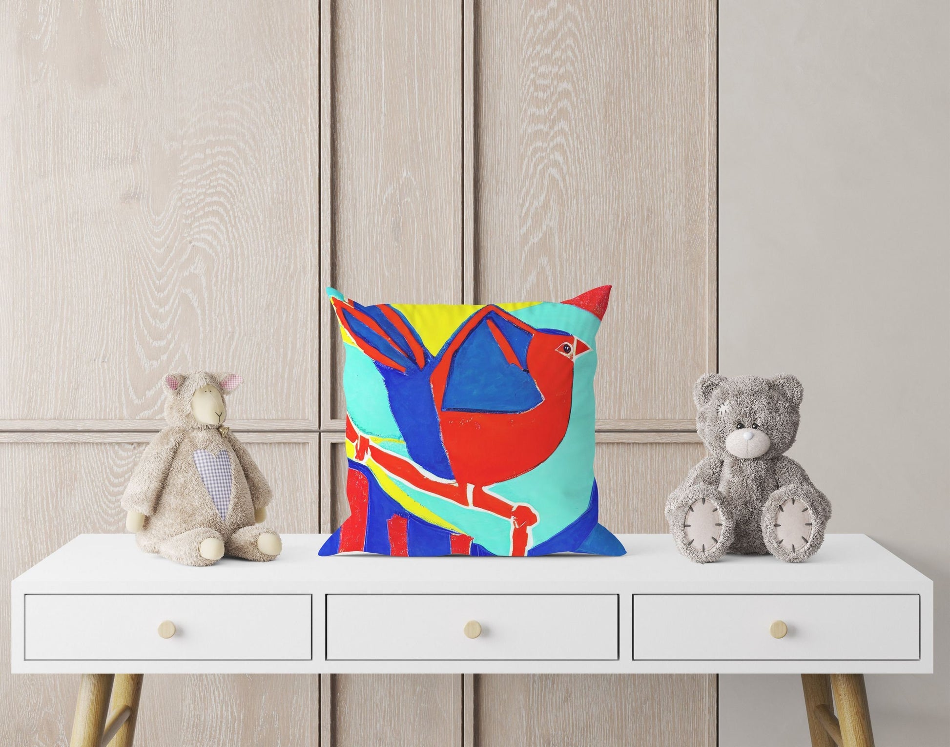 Red Bird Throw Pillow, Abstract Pillow, Artist Pillow, Colorful Pillow Case, Modern Pillow, Square Pillow, Housewarming Gift, Abstract Decor