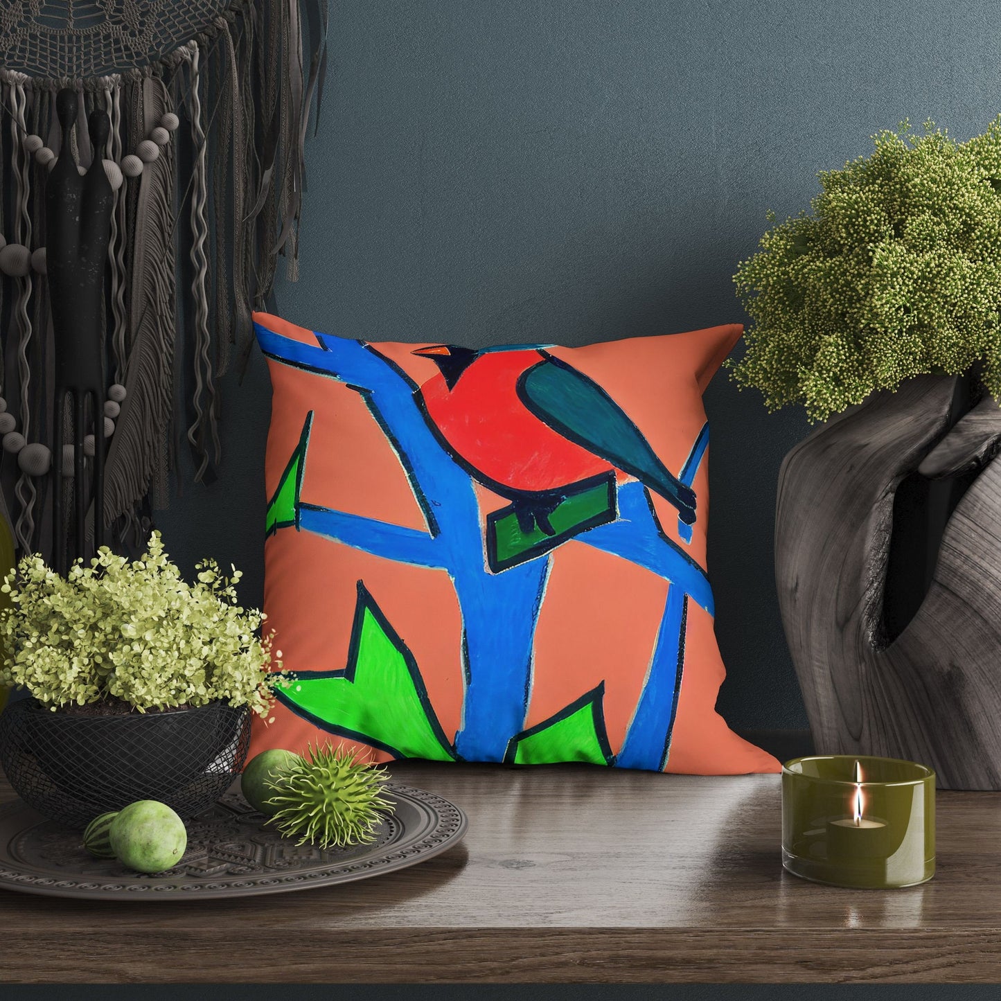 North American Cardinals Bird Throw Pillow, Abstract Throw Pillow Cover, Art Pillow, Colorful Pillow Case, Contemporary Pillow