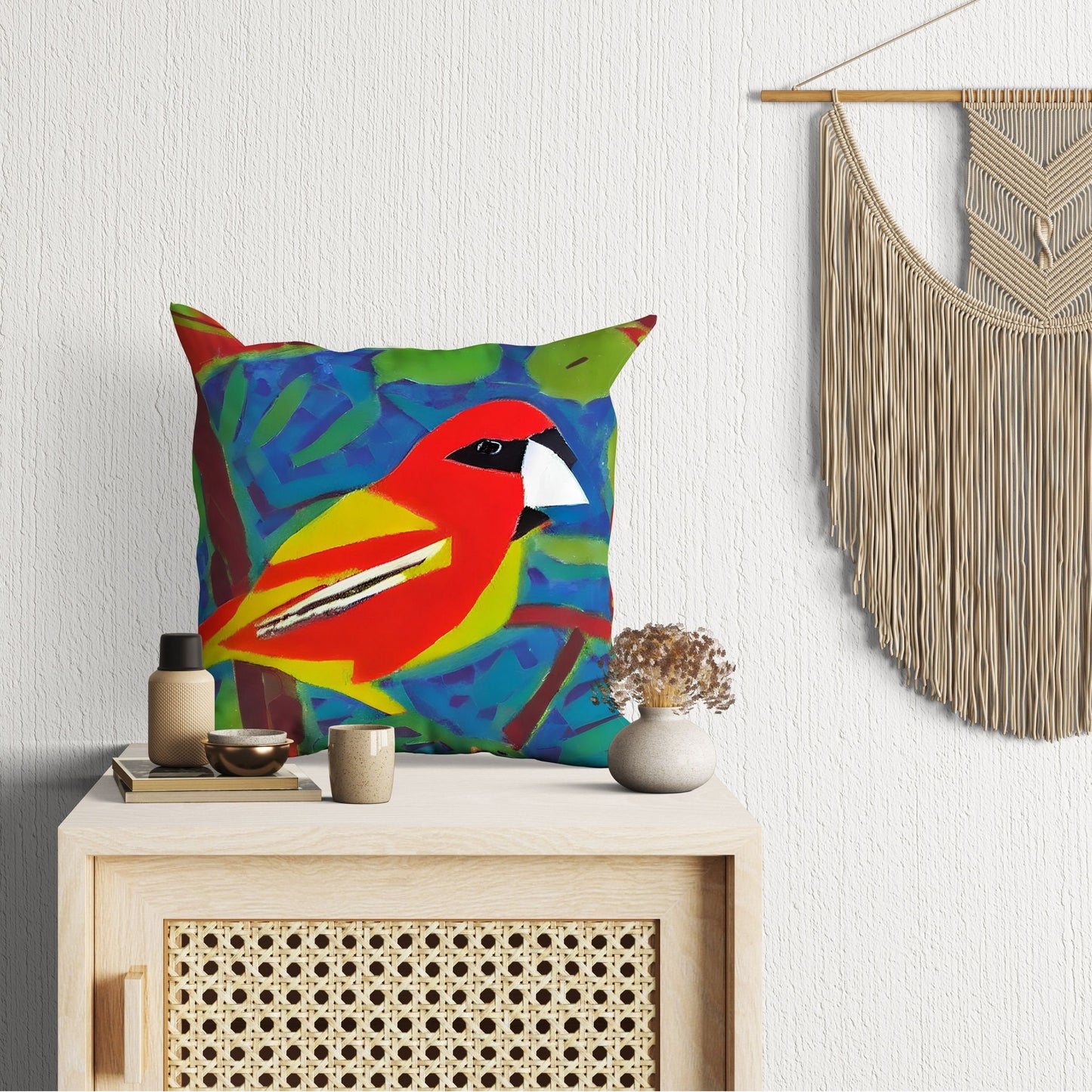 Red Bird Toss Pillow, Abstract Throw Pillow Cover, Designer Pillow, Colorful Pillow Case, Contemporary Pillow, Large Pillow Cases