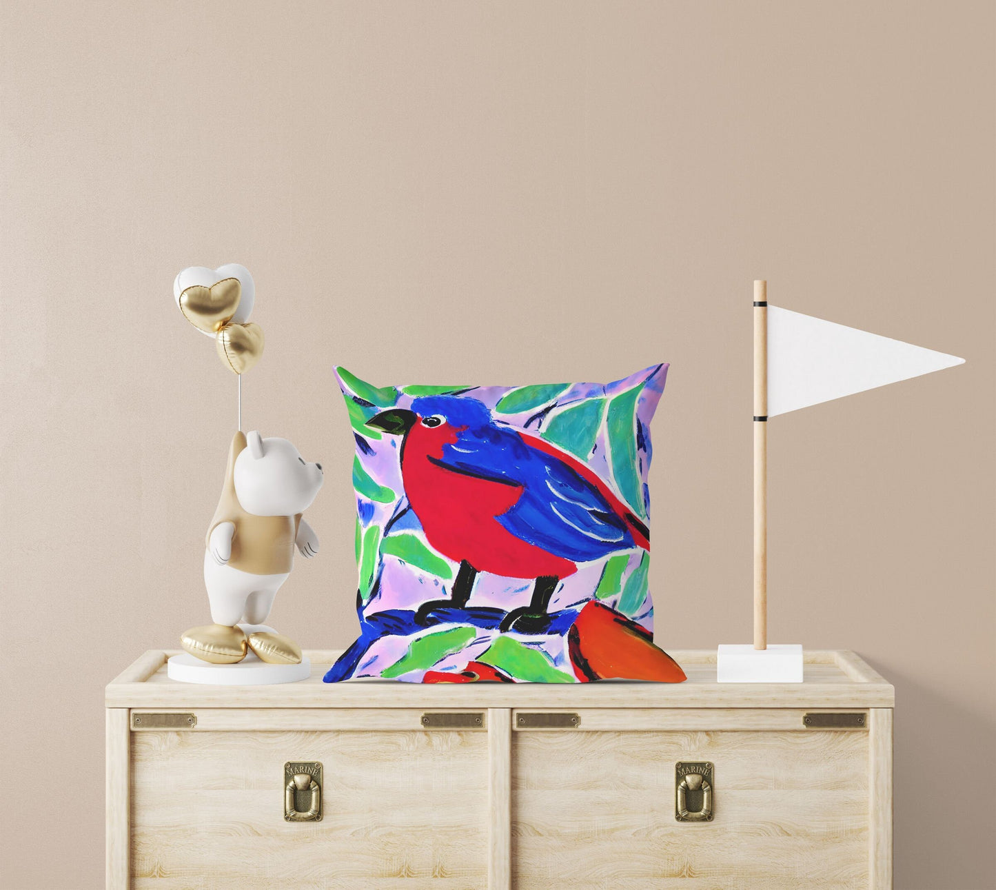 Red And Blue Bird Throw Pillow, Abstract Throw Pillow, Art Pillow, Colorful Pillow Case, Modern Pillow, 20X20 Pillow Cover, Housewarming
