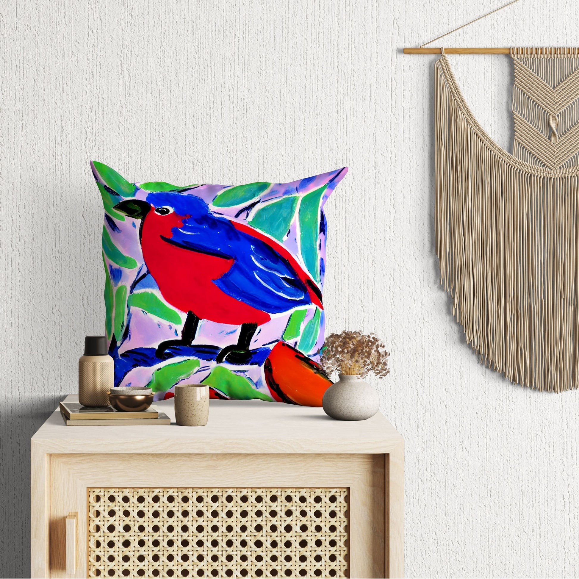 Red And Blue Bird Throw Pillow, Abstract Throw Pillow, Art Pillow, Colorful Pillow Case, Modern Pillow, 20X20 Pillow Cover, Housewarming