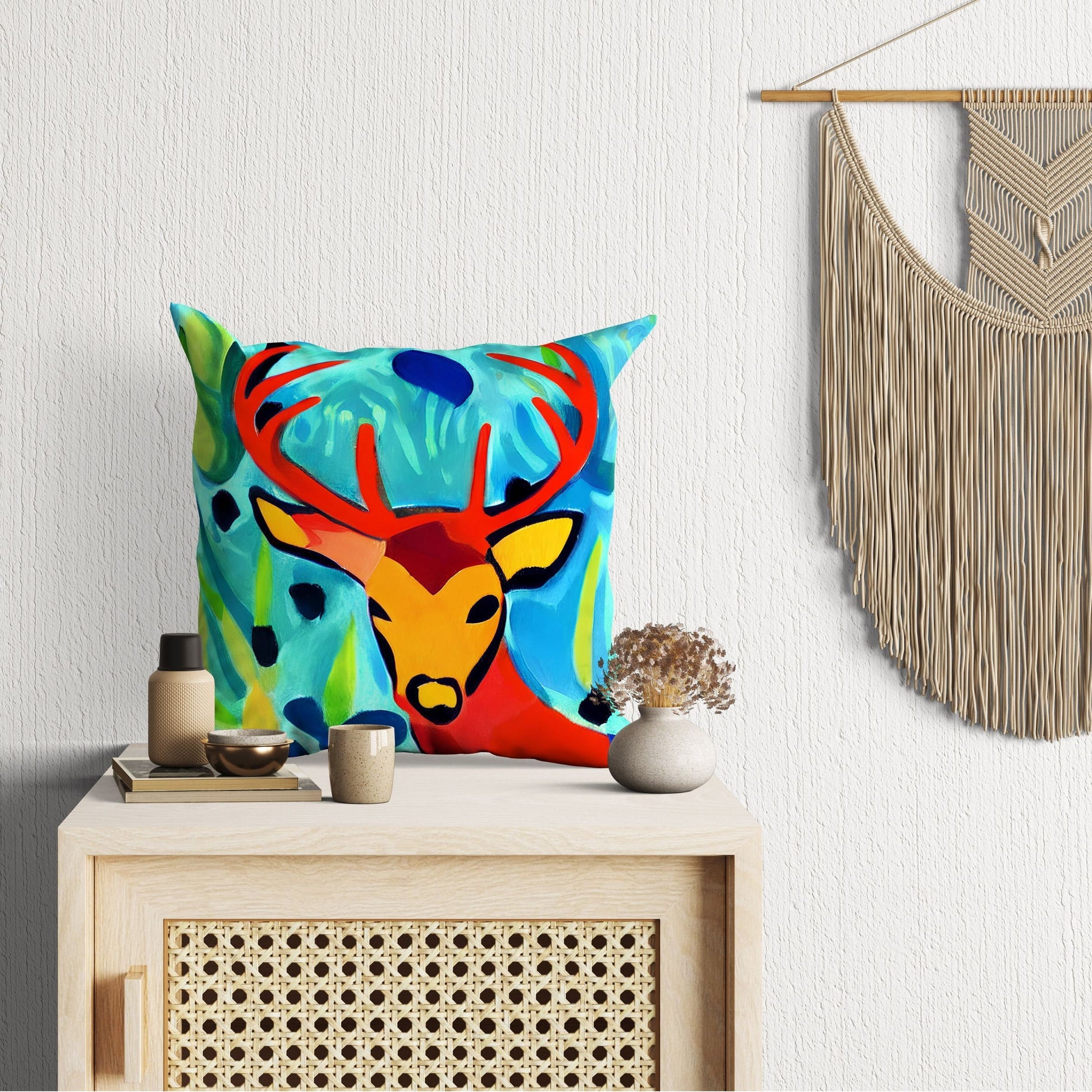 Original Art Wildlife Deer Decorative Pillow, Bee Pillow Cover, Designer Pillow, Square Pillow, Home Decor Pillow, Indoor Pillow Cases