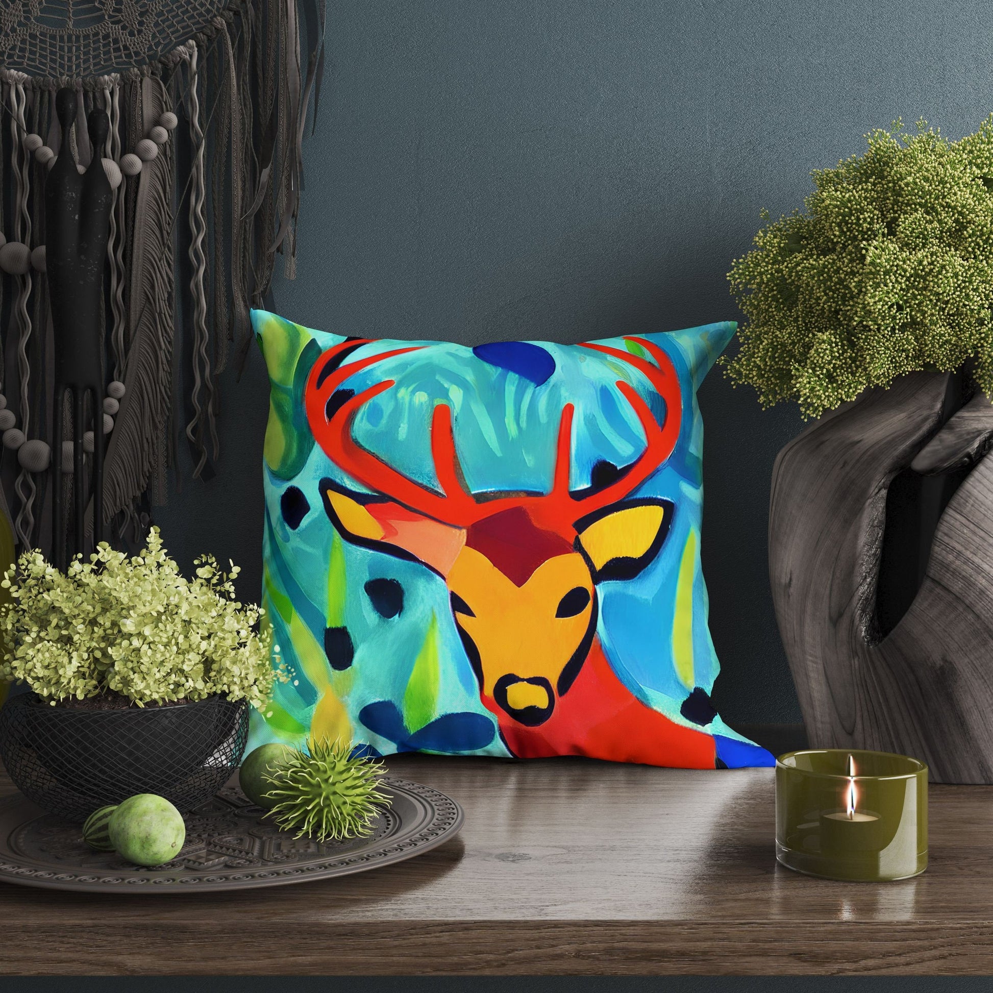 Original Art Wildlife Deer Decorative Pillow, Bee Pillow Cover, Designer Pillow, Square Pillow, Home Decor Pillow, Indoor Pillow Cases