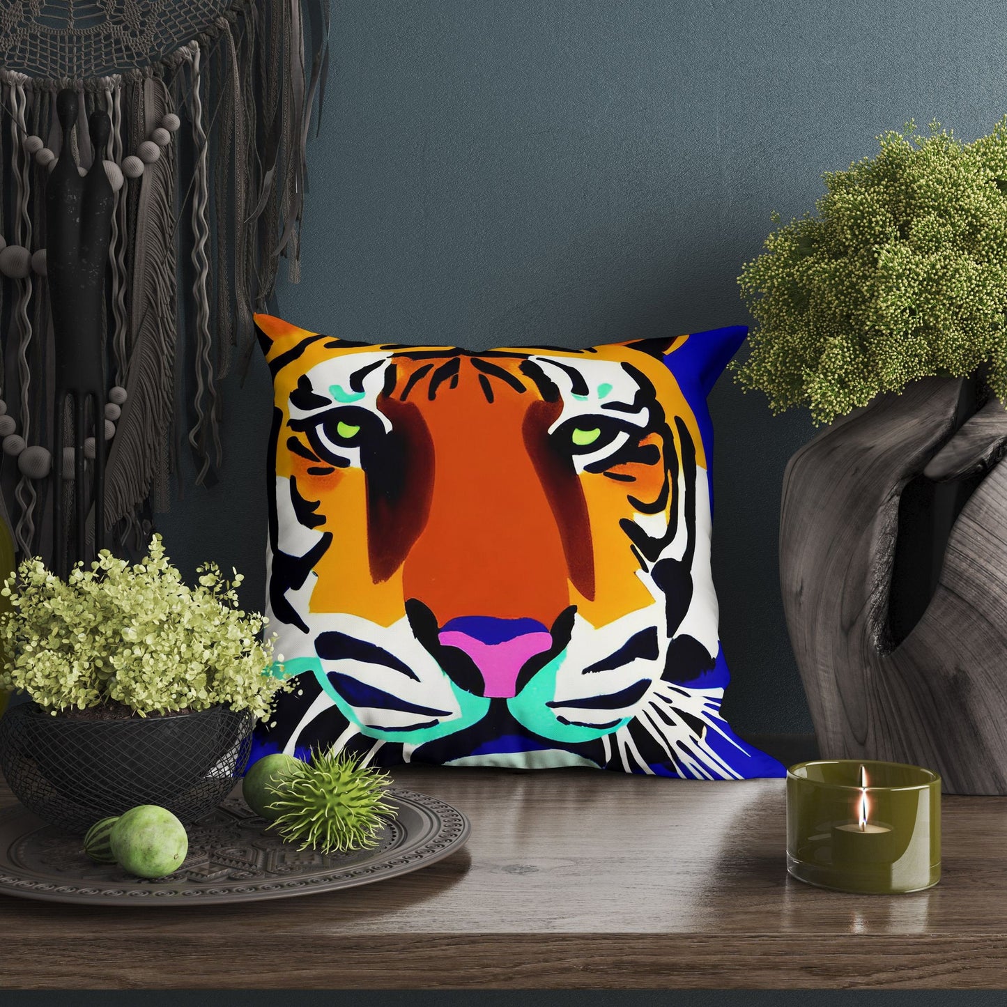 Original Art Wildlife Tiger Throw Pillow, Abstract Pillow, Art Pillow, Colorful Pillow Case, Contemporary Pillow, 24X24 Pillow Case