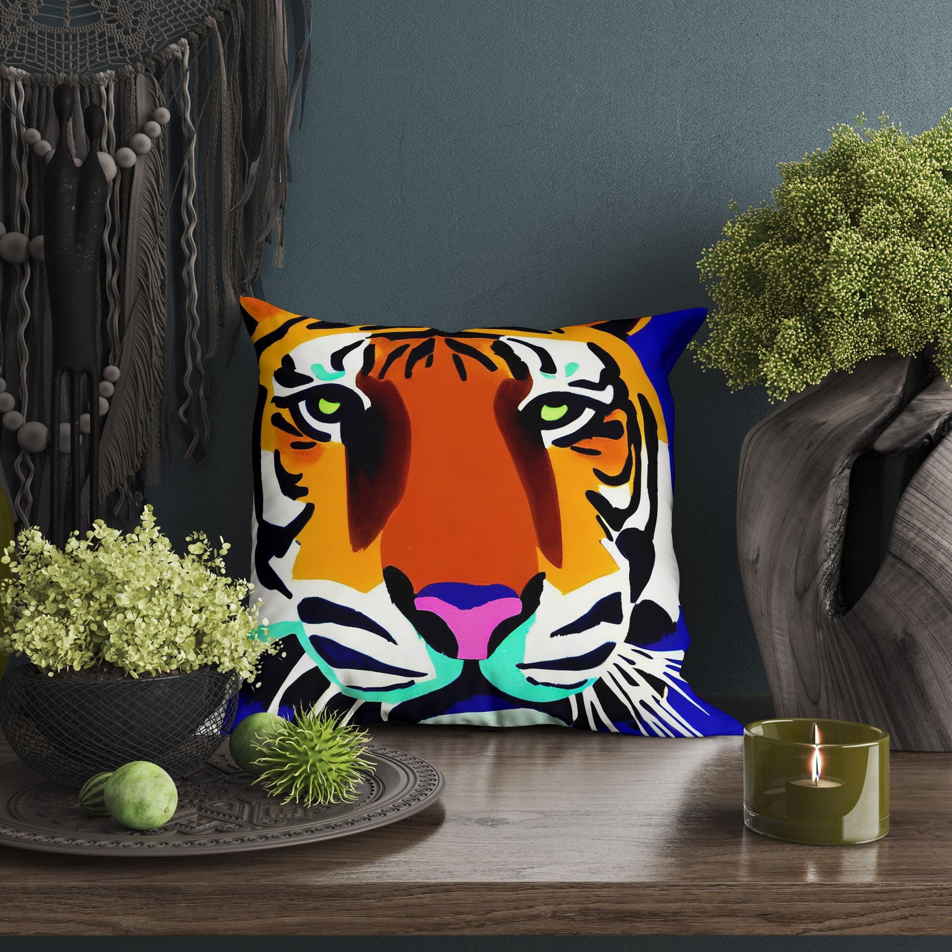 Original Art Wildlife Tiger Throw Pillow, Abstract Pillow, Art Pillow, Colorful Pillow Case, Contemporary Pillow, 24X24 Pillow Case