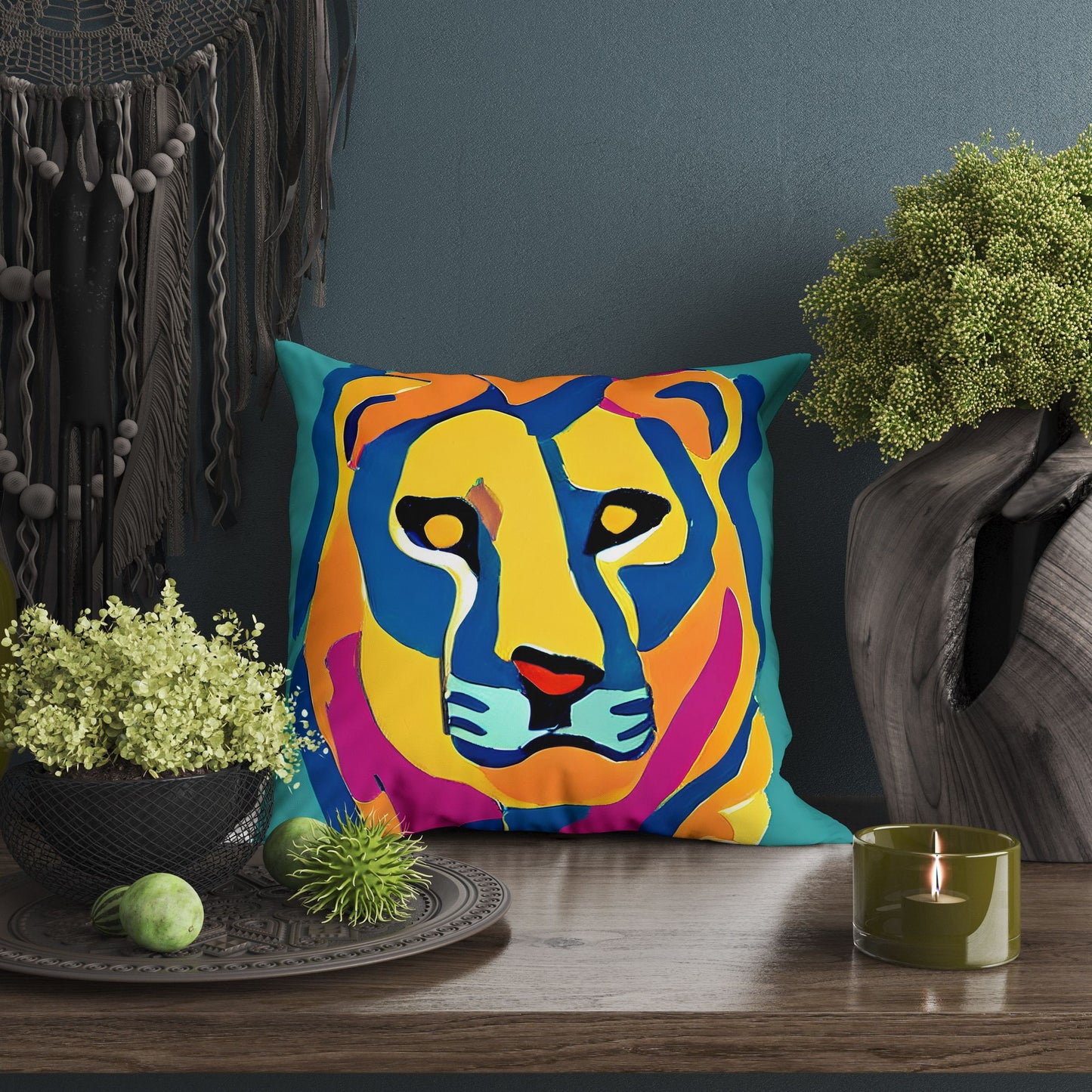 Original Art African Wildlife Lion King Throw Pillow Cover, Abstract Throw Pillow Cover, Comfortable, Colorful Pillow Case, Fashion