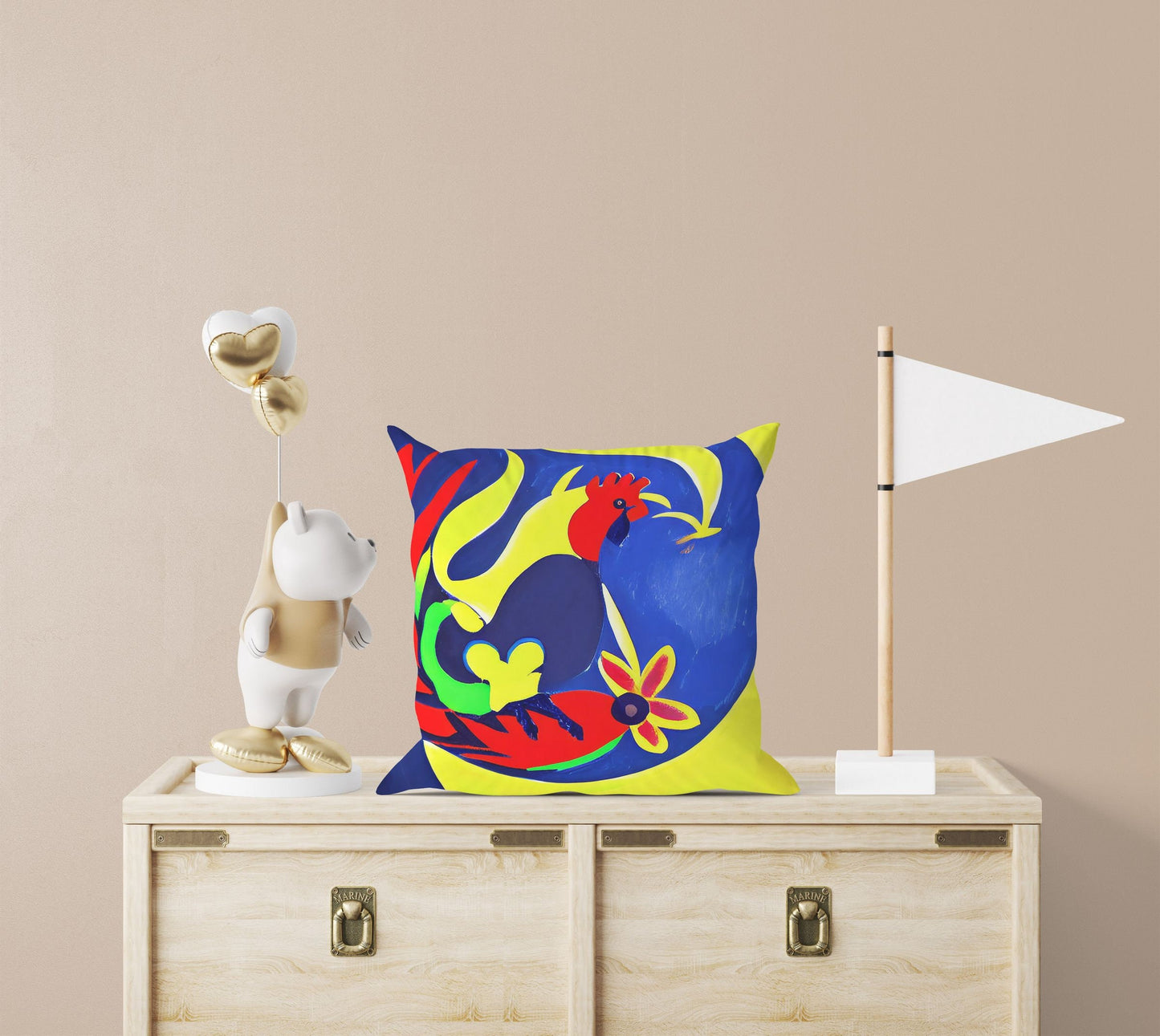 Original Art Rooster Toss Pillow, Abstract Pillow, Artist Pillow, Colorful Pillow Case, 24X24 Pillow Case, Playroom Decor, Holiday Gift