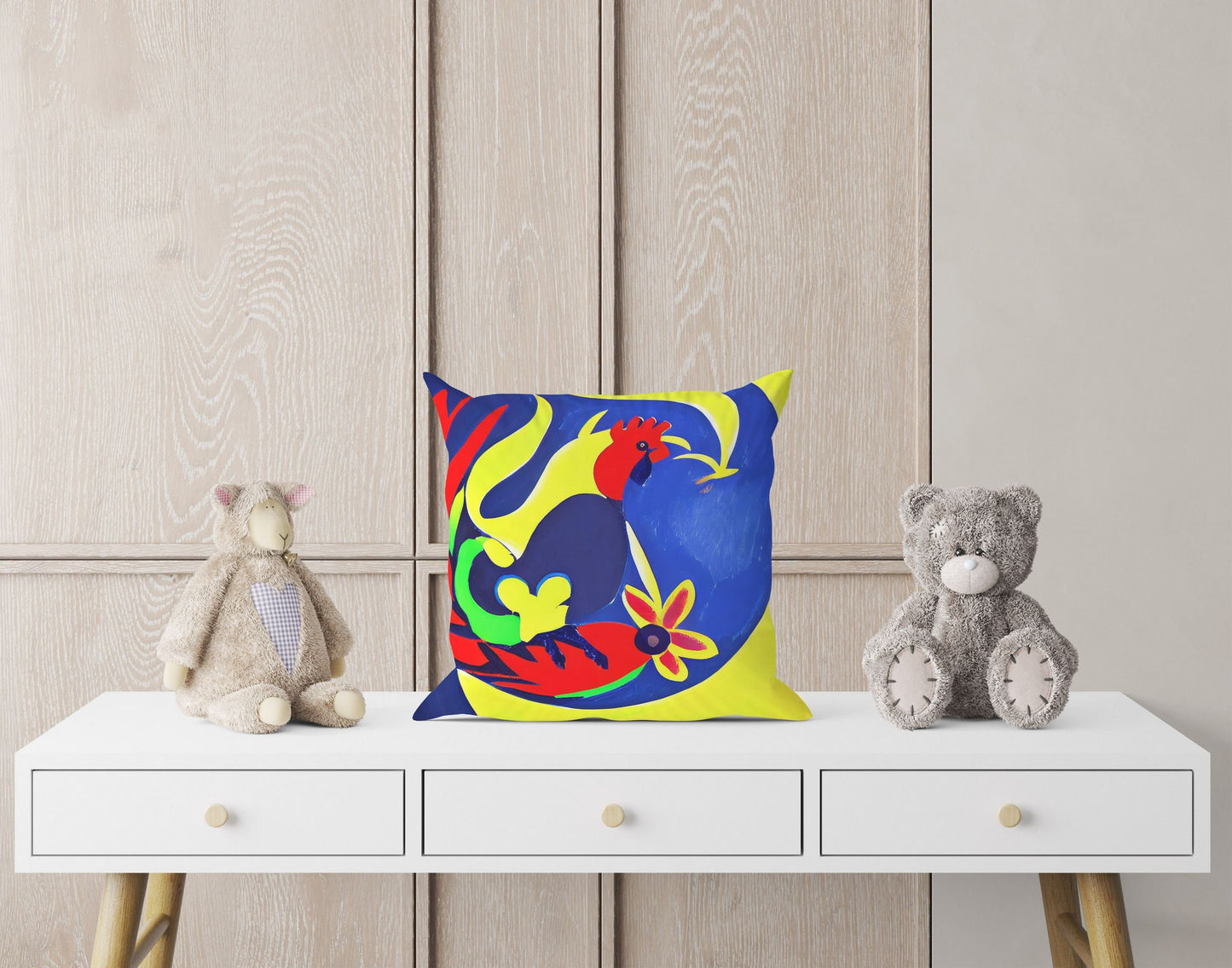 Original Art Rooster Toss Pillow, Abstract Pillow, Artist Pillow, Colorful Pillow Case, 24X24 Pillow Case, Playroom Decor, Holiday Gift