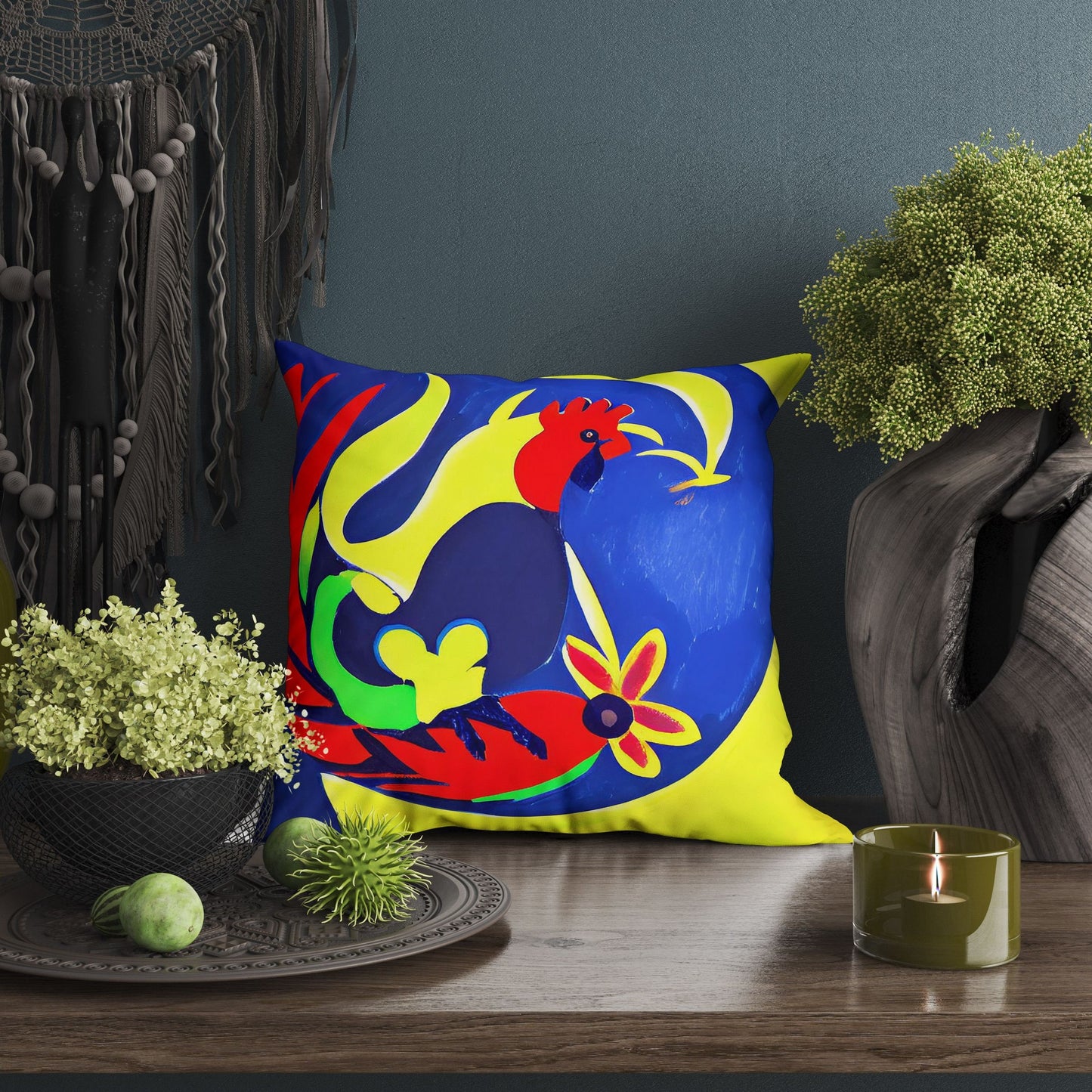 Original Art Rooster Toss Pillow, Abstract Pillow, Artist Pillow, Colorful Pillow Case, 24X24 Pillow Case, Playroom Decor, Holiday Gift