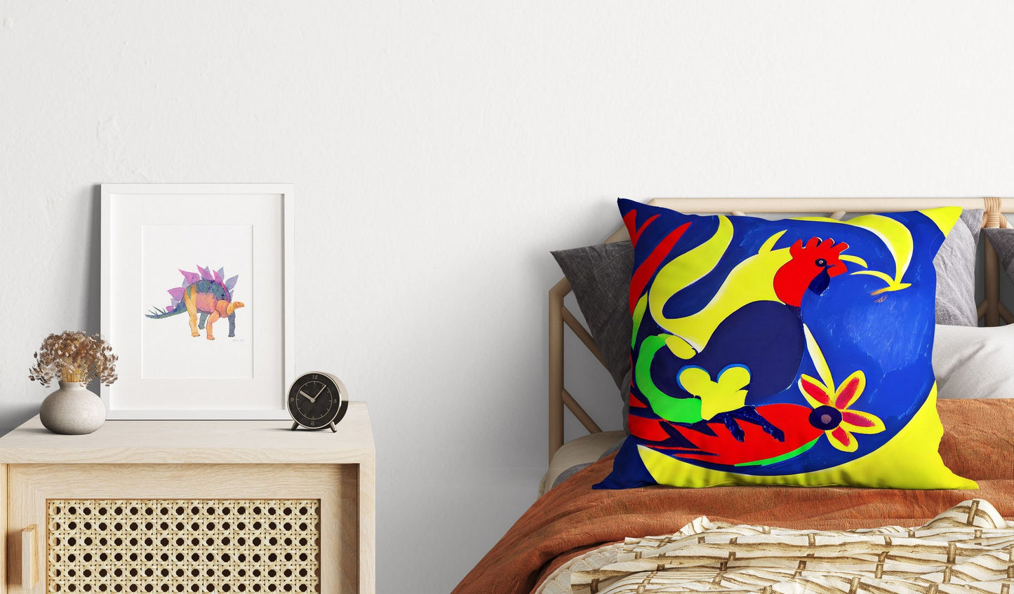 Original Art Rooster Toss Pillow, Abstract Pillow, Artist Pillow, Colorful Pillow Case, 24X24 Pillow Case, Playroom Decor, Holiday Gift