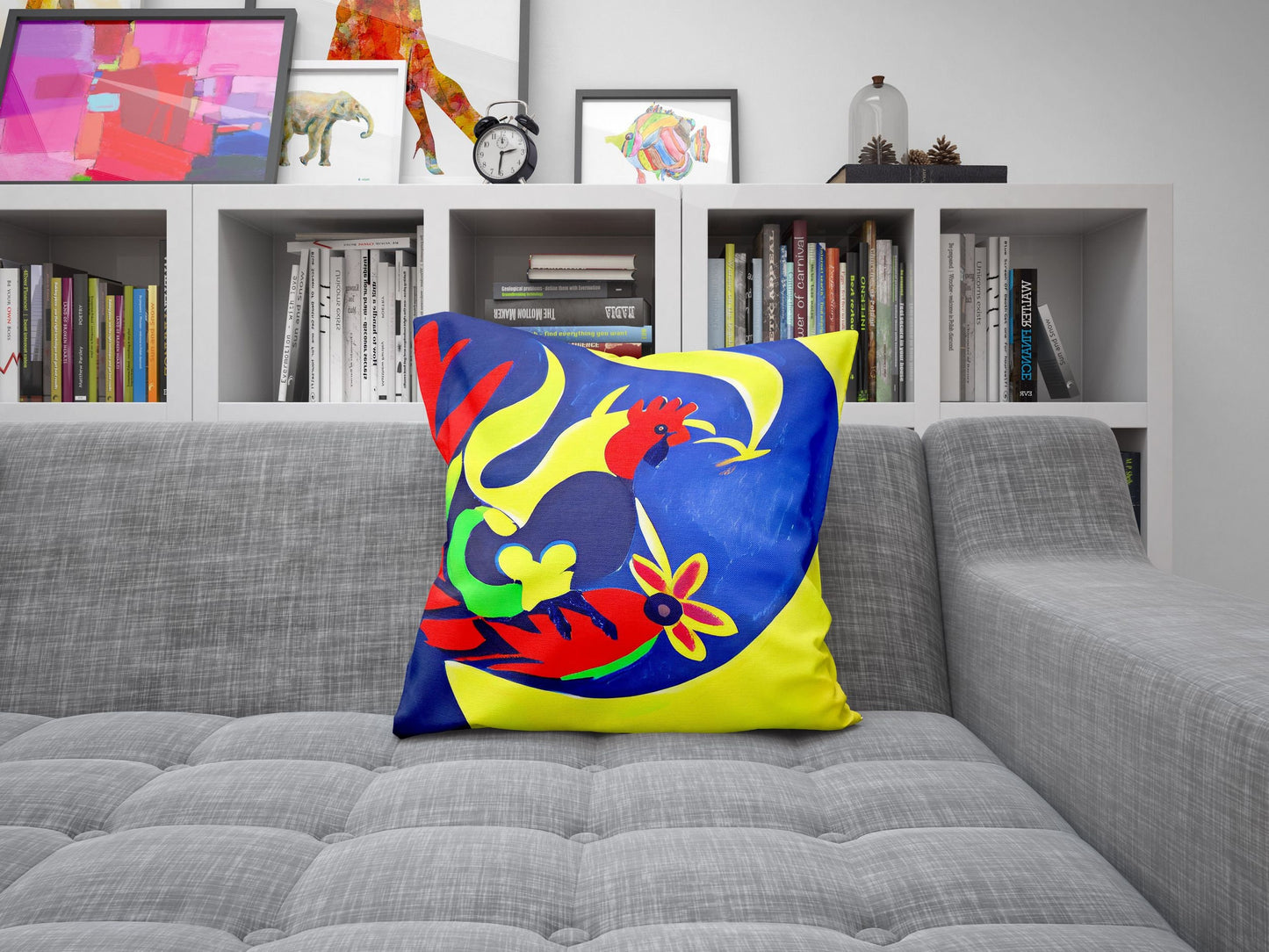 Original Art Rooster Toss Pillow, Abstract Pillow, Artist Pillow, Colorful Pillow Case, 24X24 Pillow Case, Playroom Decor, Holiday Gift