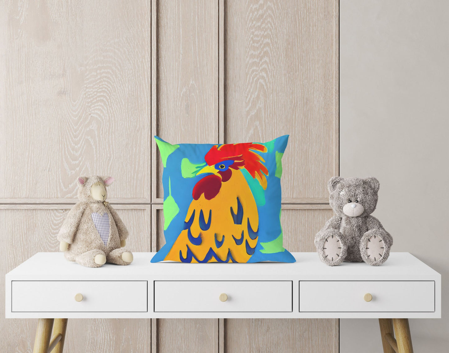 Original Art Rooster, Throw Pillow Cover, Abstract Throw Pillow, Comfortable, Colorful Pillow Case, Contemporary Pillow, 20X20 Pillow Cover