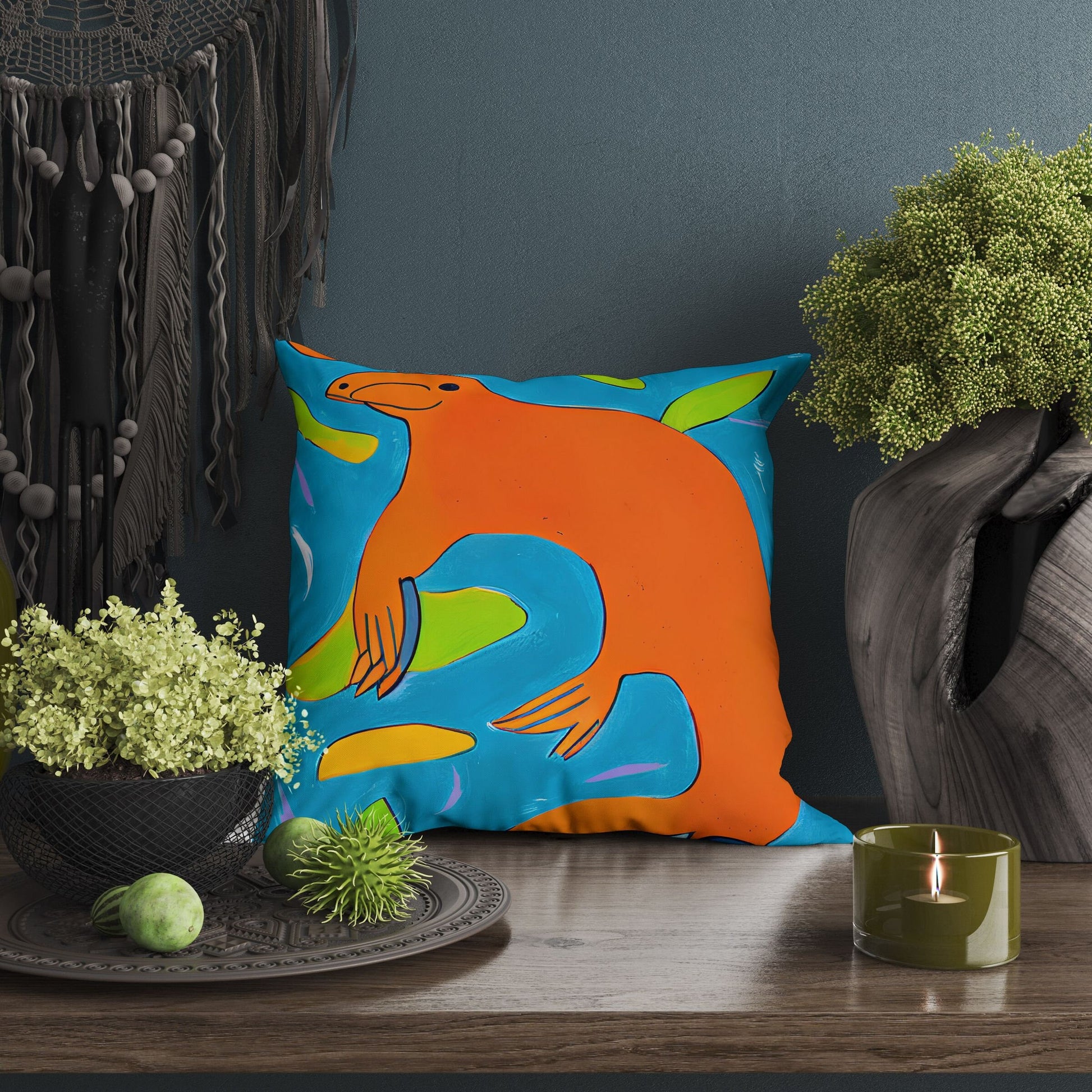 Australian Wildlife Platypus Original Art Tapestry Pillows, Abstract Pillow Case, Original Art Pillow, Colorful Pillow Case, Contemporary