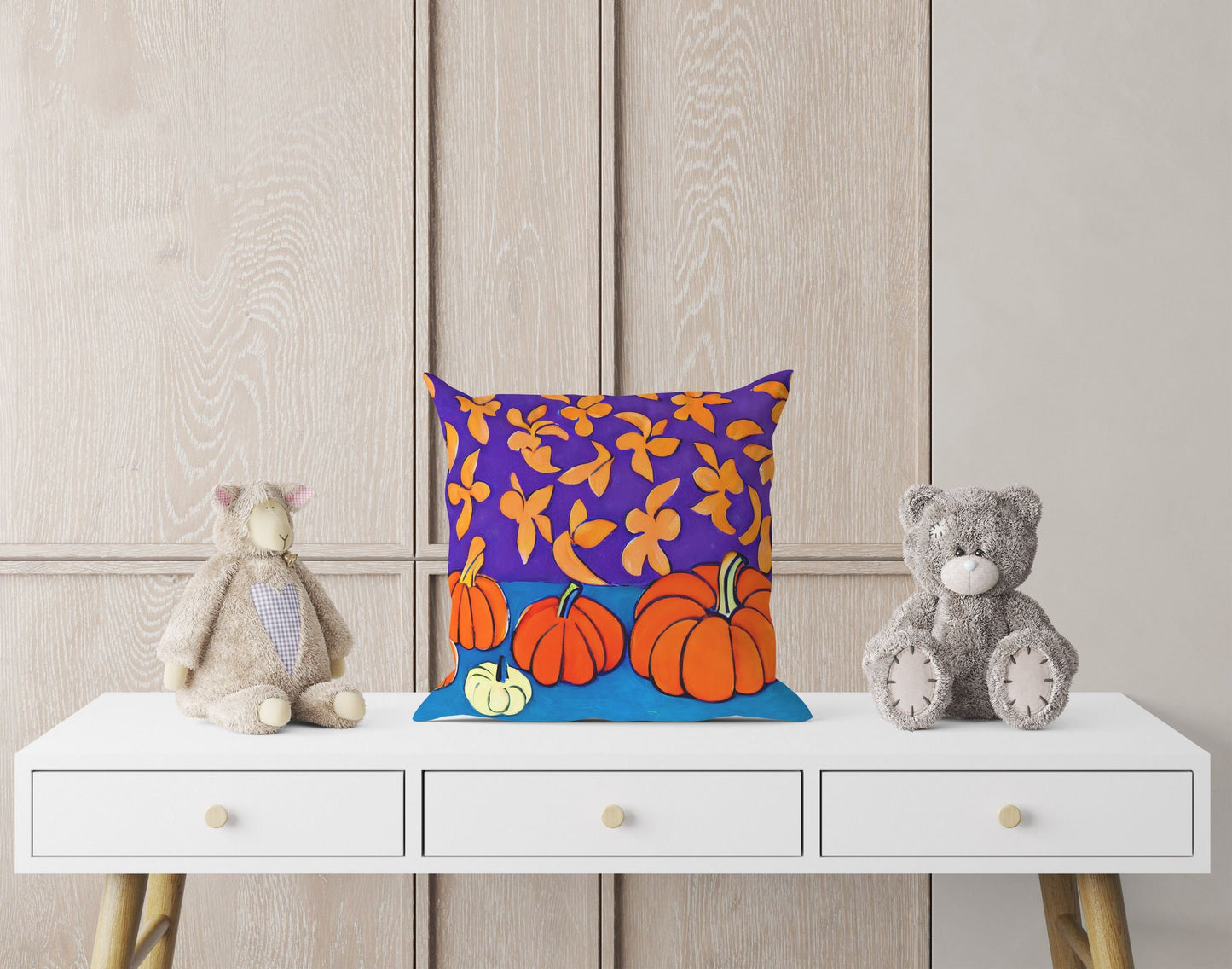 Pumpkins And Flowers Original Art Tapestry Pillows, Abstract Art Pillow, Art Pillow, Colorful Pillow Case, Contemporary Pillow Square Pillow