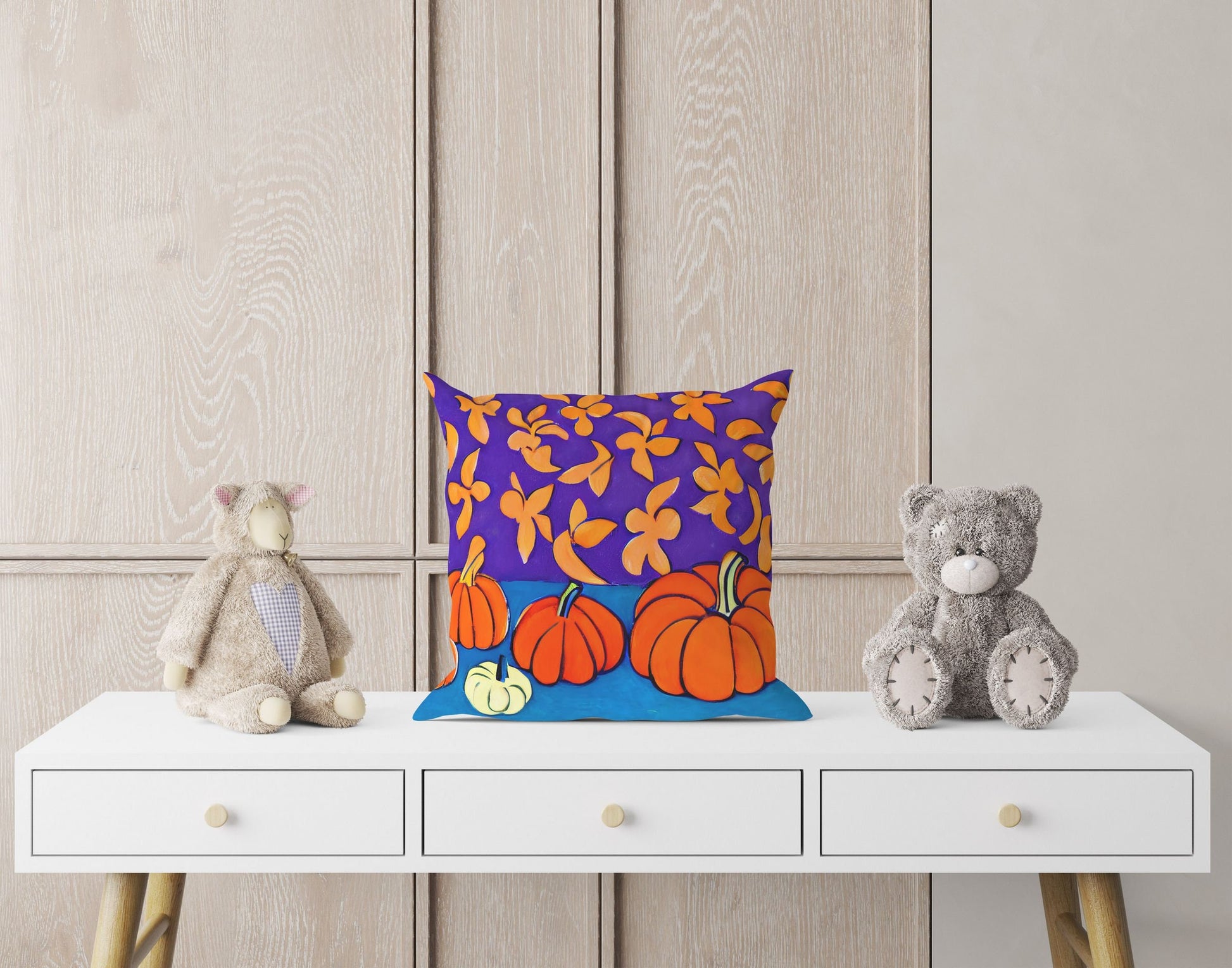 Pumpkins And Flowers Original Art Tapestry Pillows, Abstract Art Pillow, Art Pillow, Colorful Pillow Case, Contemporary Pillow Square Pillow