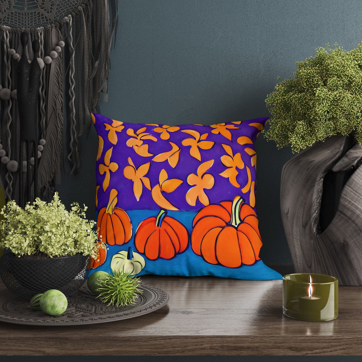 Pumpkins And Flowers Original Art Tapestry Pillows, Abstract Art Pillow, Art Pillow, Colorful Pillow Case, Contemporary Pillow Square Pillow