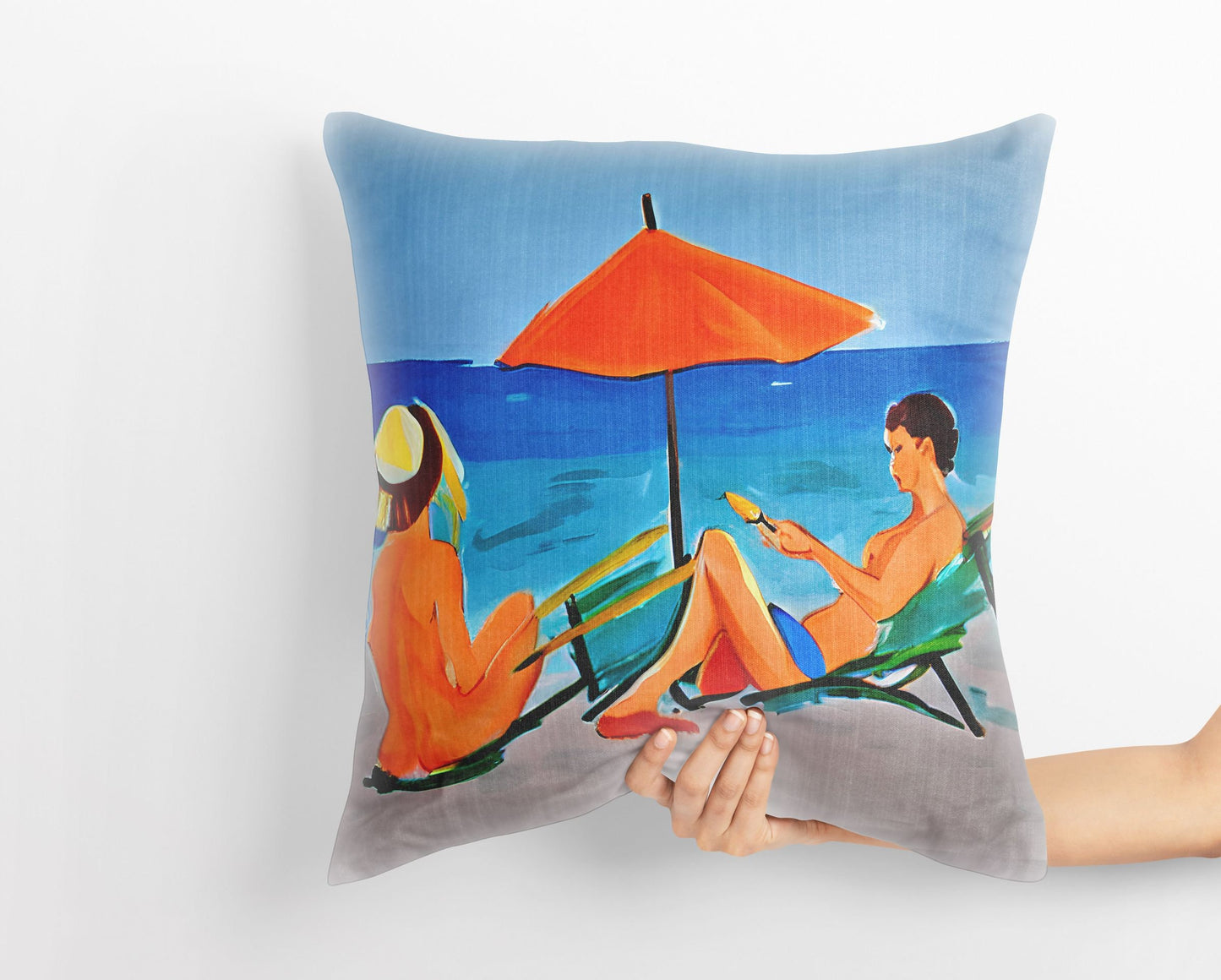 Girls Sunbathing By The Sea Decorative Pillow, Abstract Throw Pillow, Designer Pillow, Colorful Pillow Case, Watercolor Pillow Cases