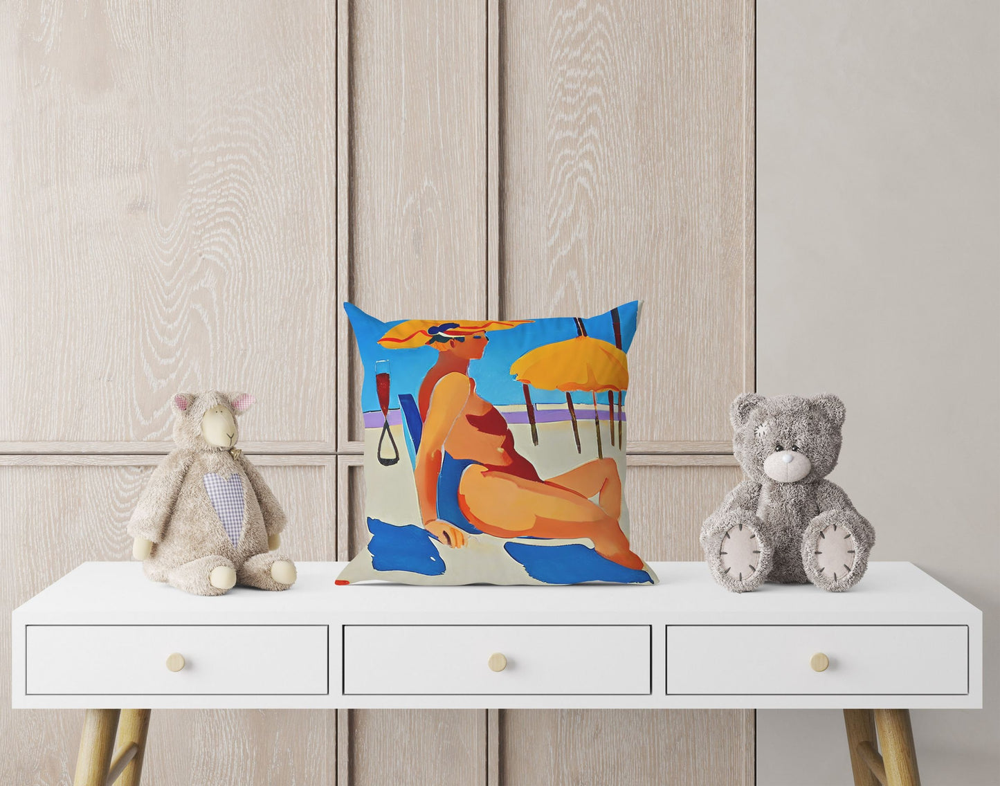 Woman Sunbathing By The Sea Toss Pillow, Abstract Pillow Case, Soft Pillow Cases, Colorful Pillow Case, Indoor Pillow Cases