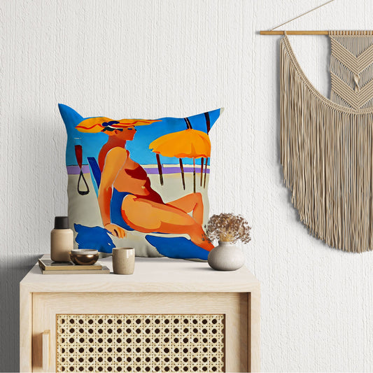 Woman Sunbathing By The Sea Toss Pillow, Abstract Pillow Case, Soft Pillow Cases, Colorful Pillow Case, Indoor Pillow Cases