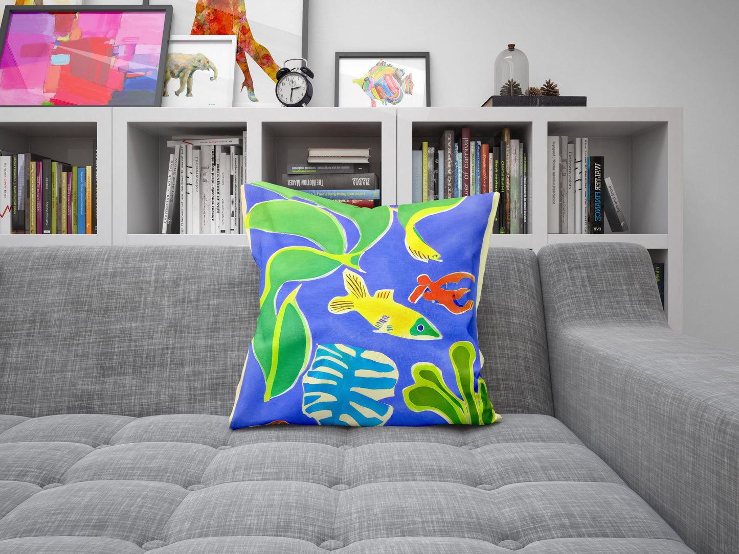 Tropical Fish Toss Pillow, Abstract Pillow, Artist Pillow, Colorful Pillow Case, Contemporary Pillow, 24X24 Pillow Case, Nursery Pillows