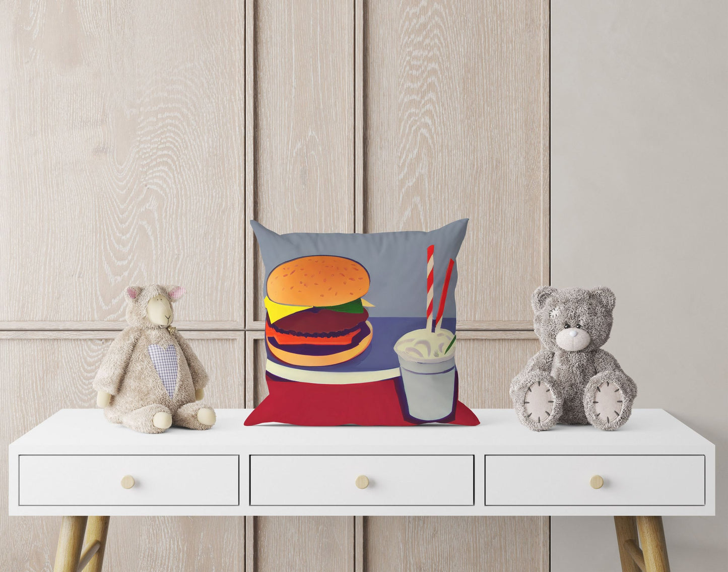 Hamburger And Drink, Pillow Case, Abstract Art Pillow, Designer Pillow, Colorful Pillow Case, Fashion, Playroom Decor, Pillow Cases Kids