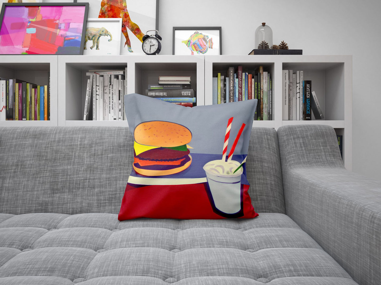 Hamburger And Drink, Pillow Case, Abstract Art Pillow, Designer Pillow, Colorful Pillow Case, Fashion, Playroom Decor, Pillow Cases Kids