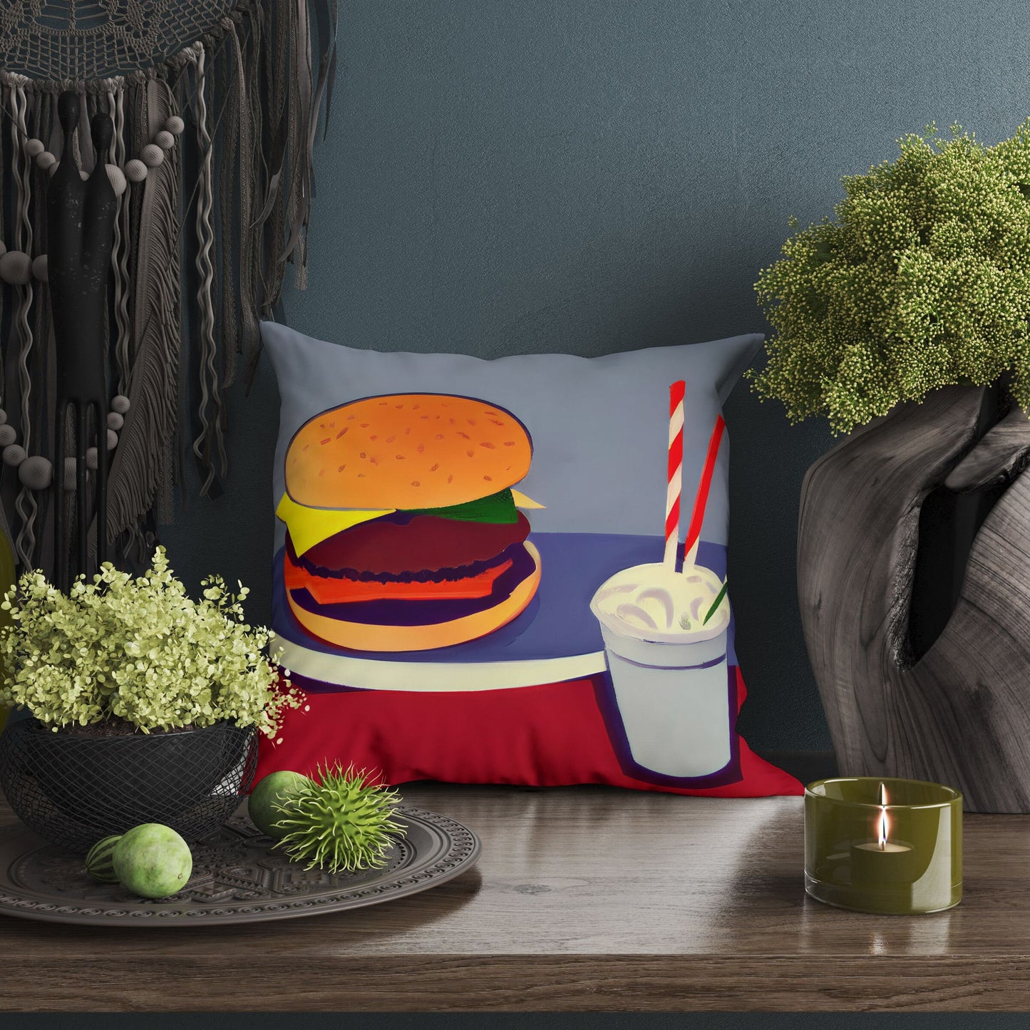 Hamburger And Drink, Pillow Case, Abstract Art Pillow, Designer Pillow, Colorful Pillow Case, Fashion, Playroom Decor, Pillow Cases Kids
