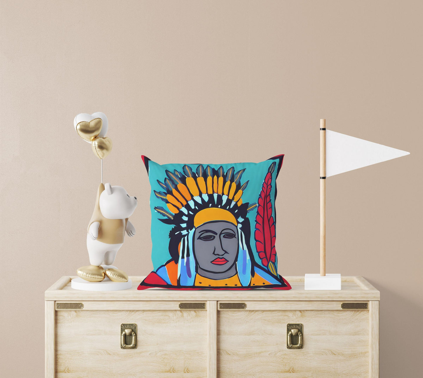 Indian Chief Toss Pillow, Abstract Throw Pillow, Artist Pillow, Colorful Pillow Case, Watercolor Pillow Cases, Square Pillow, Playroom Decor