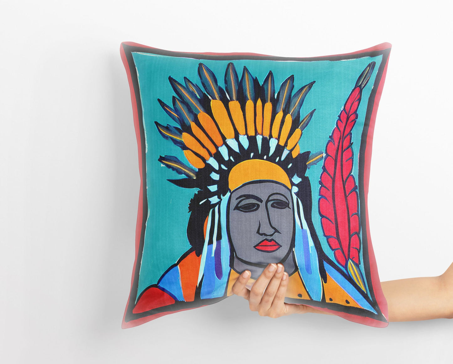 Indian Chief Toss Pillow, Abstract Throw Pillow, Artist Pillow, Colorful Pillow Case, Watercolor Pillow Cases, Square Pillow, Playroom Decor