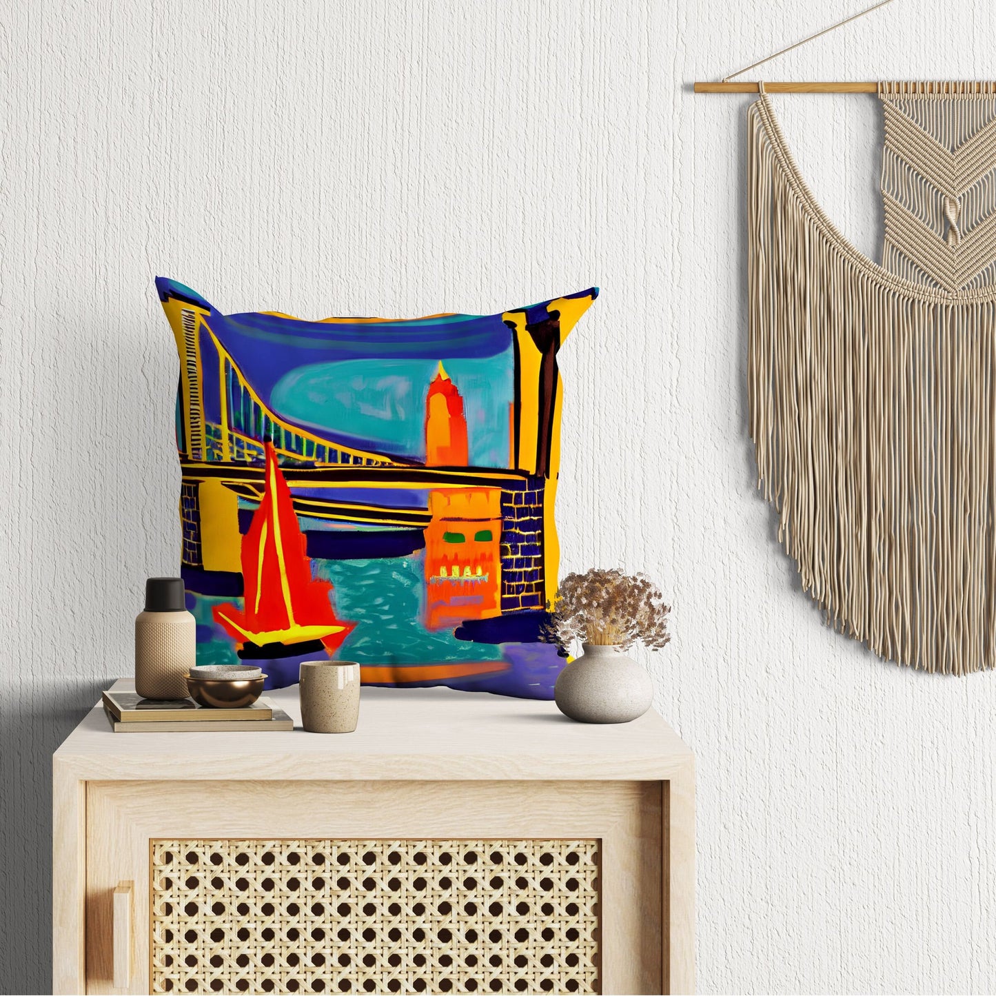 New York Brooklyn Bridge At Night, Tapestry Pillows, Abstract Pillow, Designer Pillow, Colorful Pillow Case, Impressionist Pillow