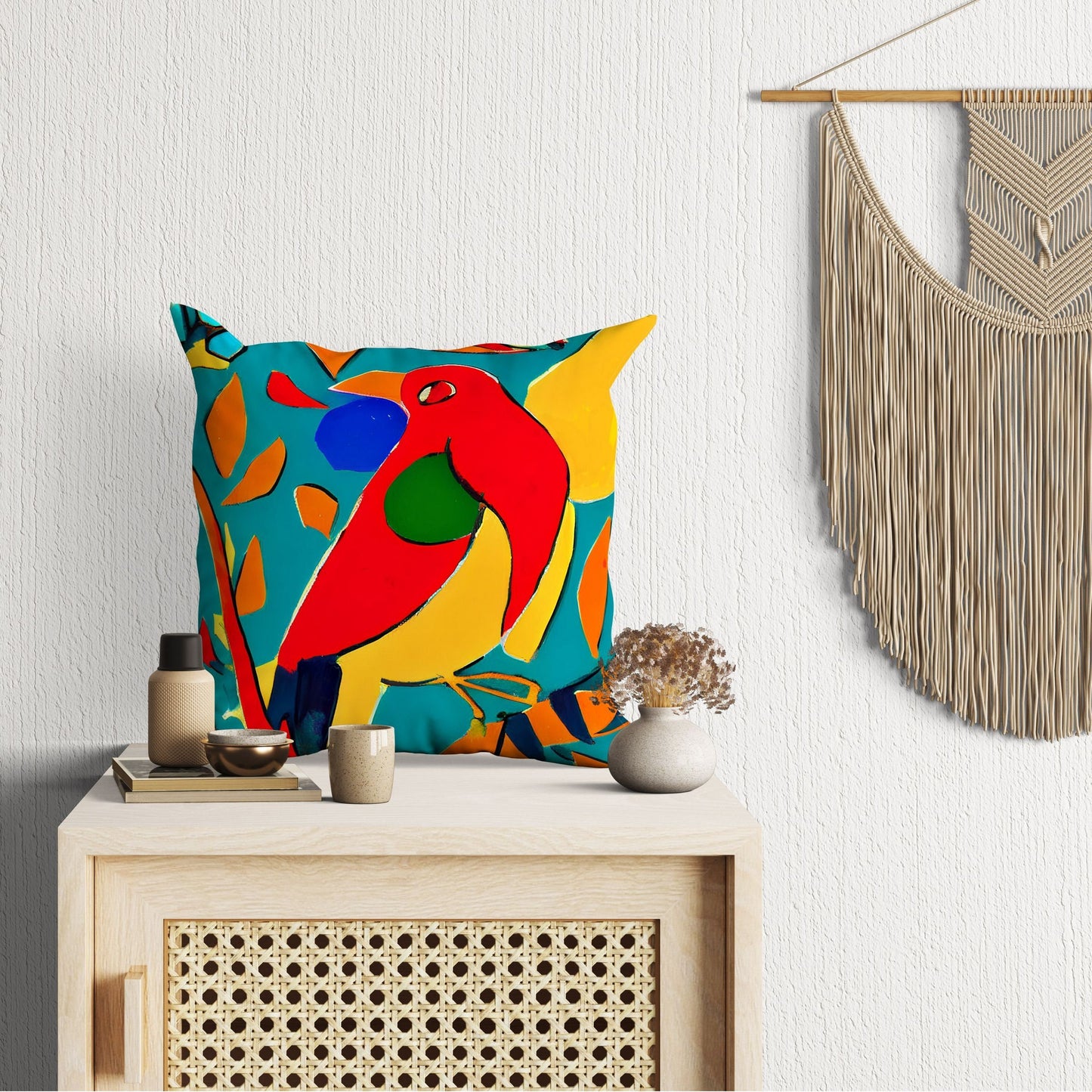 Red Bird Pillow Case, Abstract Pillow Case, Designer Pillow, Colorful Pillow Case, 24X24 Pillow Case, Playroom Decor, Abstract Decor