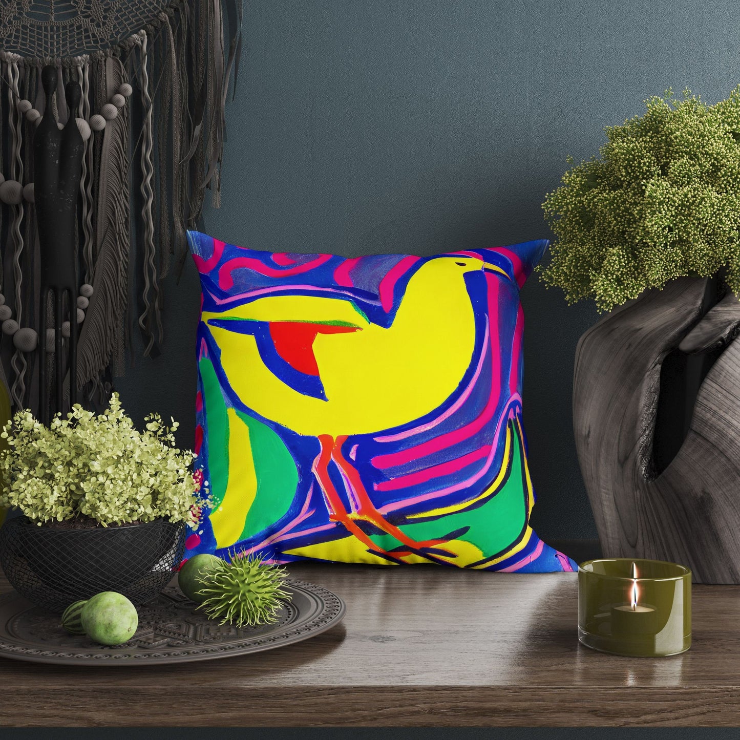 Yellow Bird Pillow Case, Abstract Throw Pillow, Art Pillow, Colorful Pillow Case, Contemporary Pillow, Square Pillow, Housewarming Gift