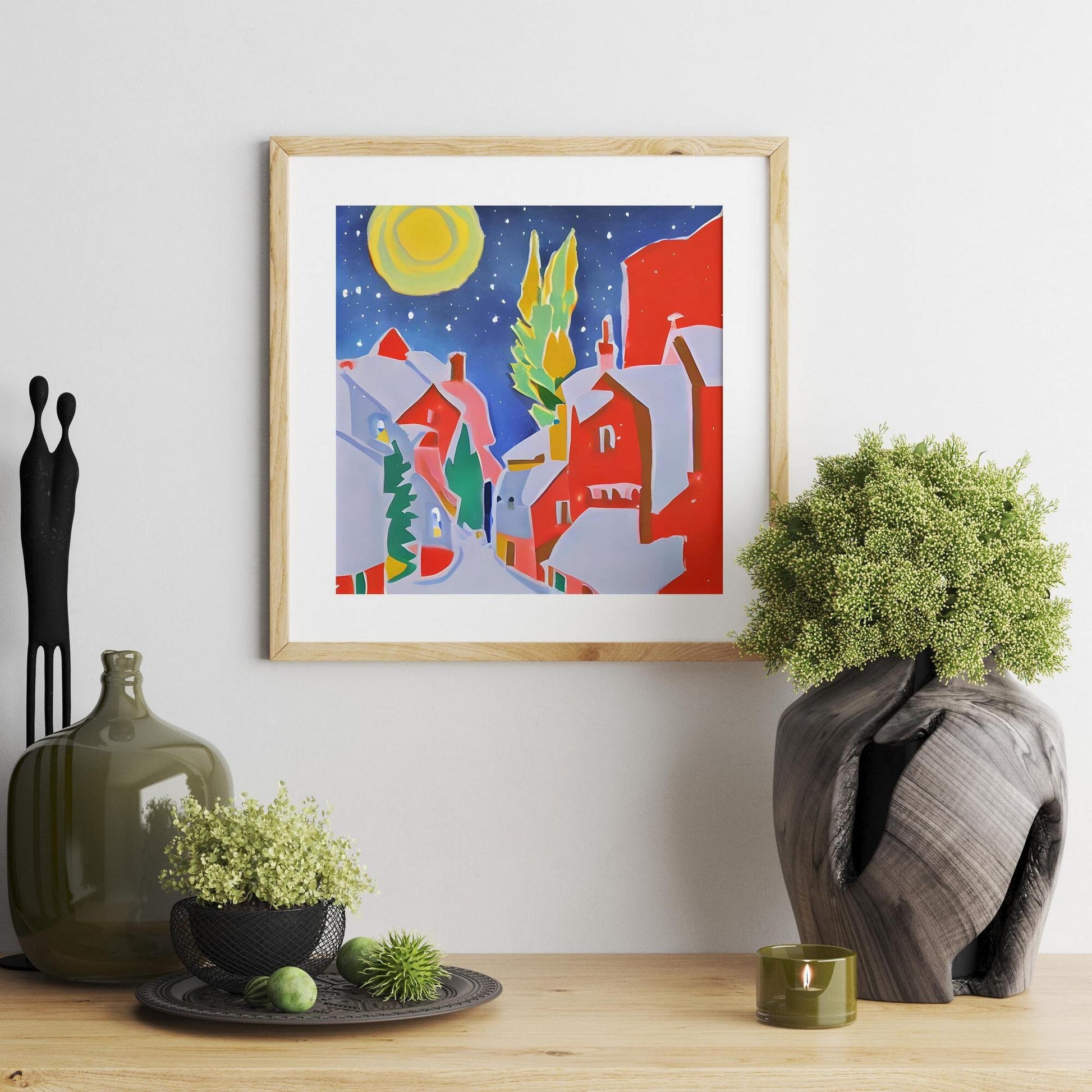 Village On Christmas Eve Canvas Print, Canvas Art, Abstract Print, Square Canvas Wall Art, Crhistmas Gift, Framed Canvas, Watercolor Art