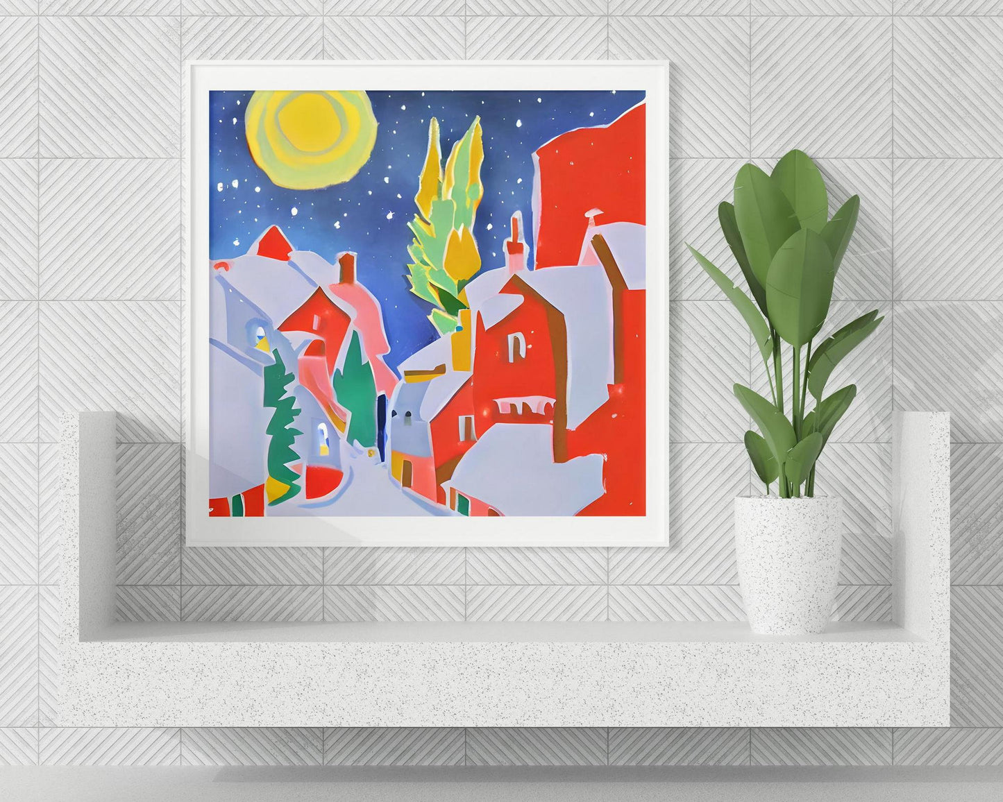 Village On Christmas Eve Canvas Print, Canvas Art, Abstract Print, Square Canvas Wall Art, Crhistmas Gift, Framed Canvas, Watercolor Art
