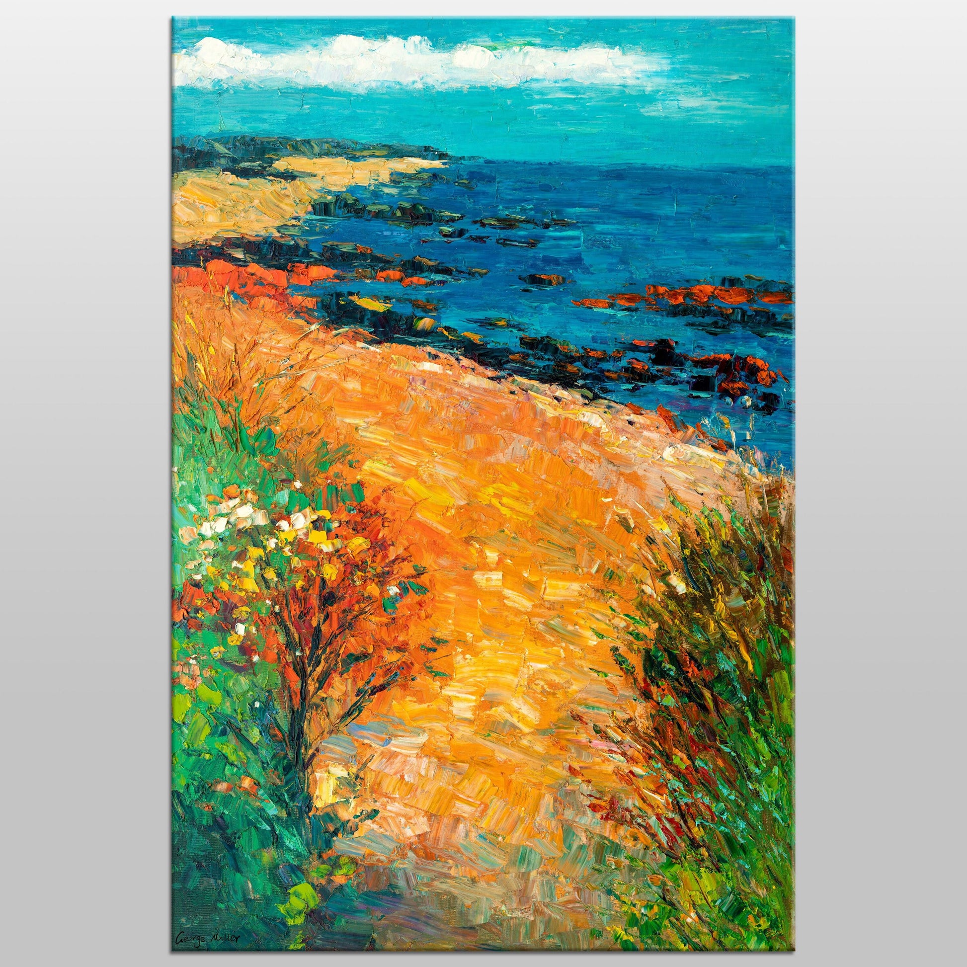 Seascape Oil Painting Seaside Path, Artwork, Oil Painting, Landscape Wall Art, Oversized Paintings On Canvas, Handmade Art, Modern Painting