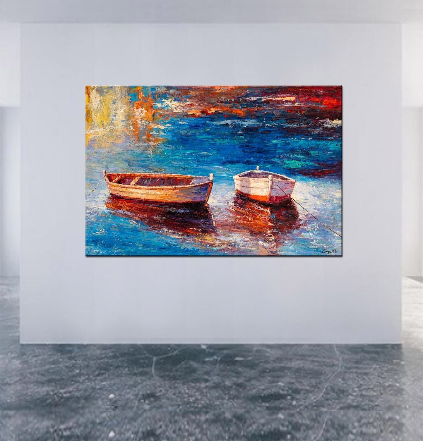 Large Oil Painting Fishing Boats, Large Wall Art Painting, Living Room Wall Art, Contemporary Art, Original Oil Painting Seascape, Original