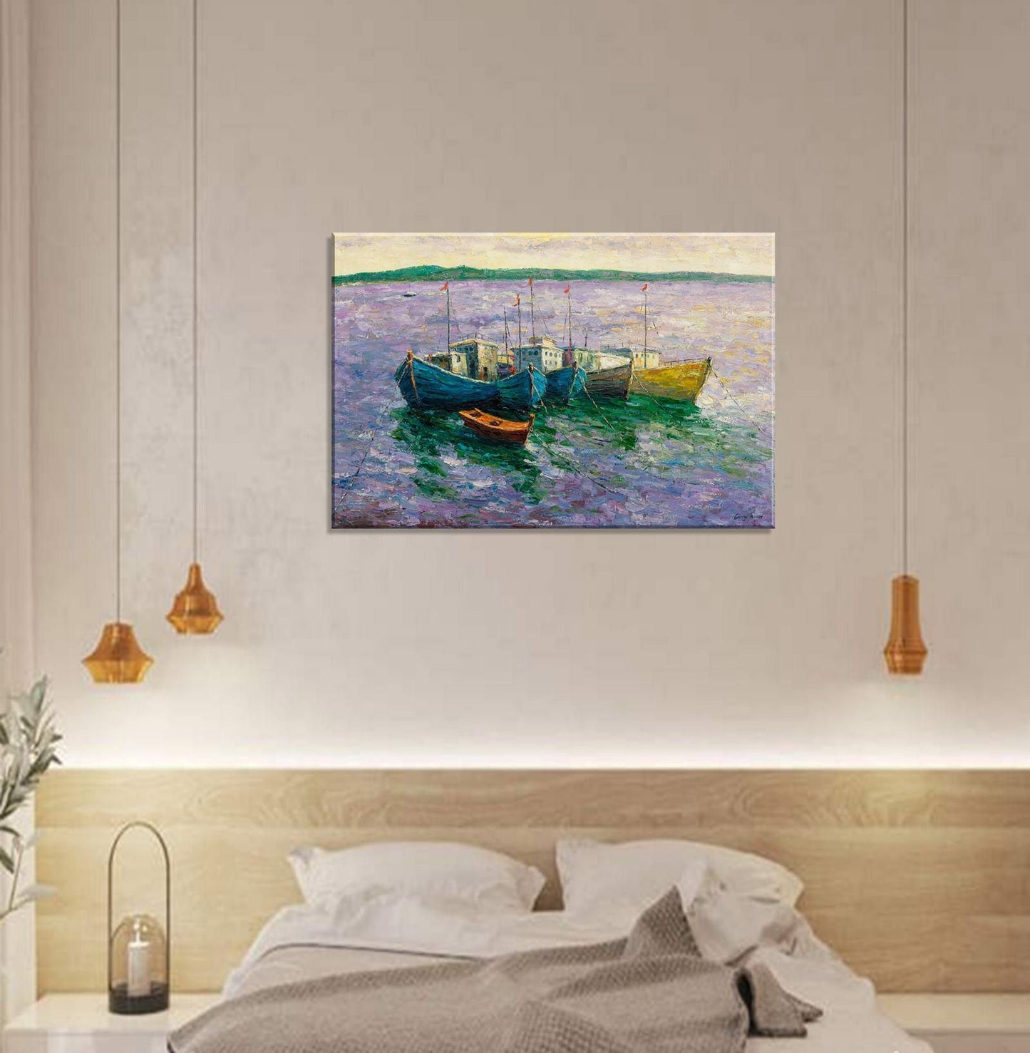 Fishing Boats Seascape: Large Oil Painting - 32x48 inches - Original Art - Ready to Hang, Large Landscape Painting, Original Oil Painting