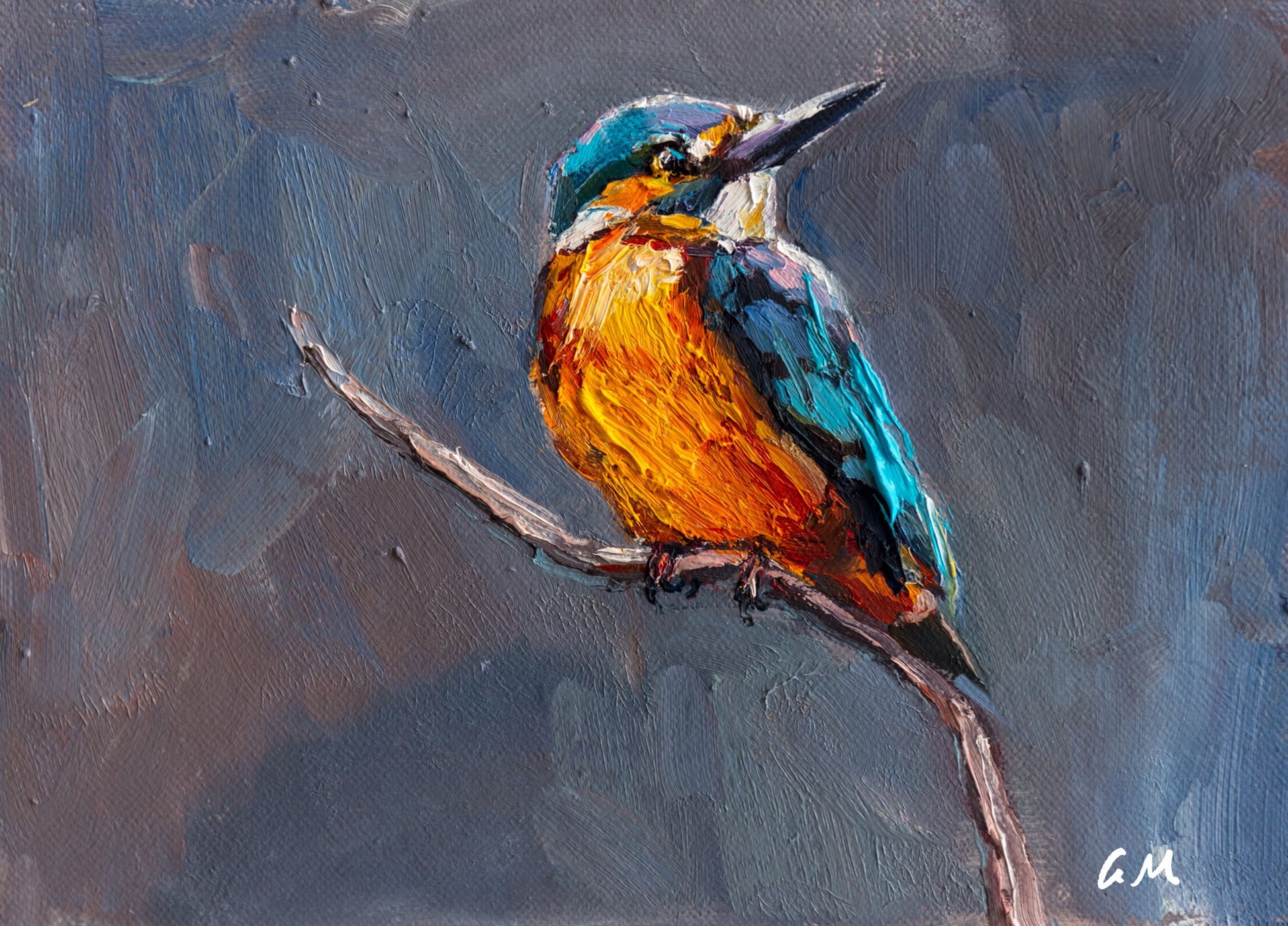 Hand-painted oil artwork of a vibrant kingfisher perched on a branch, unframed canvas with textured brushwork and signature in corner