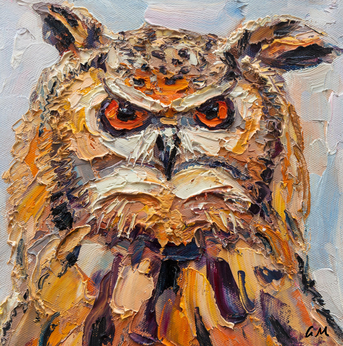 Textured oil painting of an owl with bold impasto brushwork, featuring warm browns, oranges, and whites on canvas; unframed, vertical composition