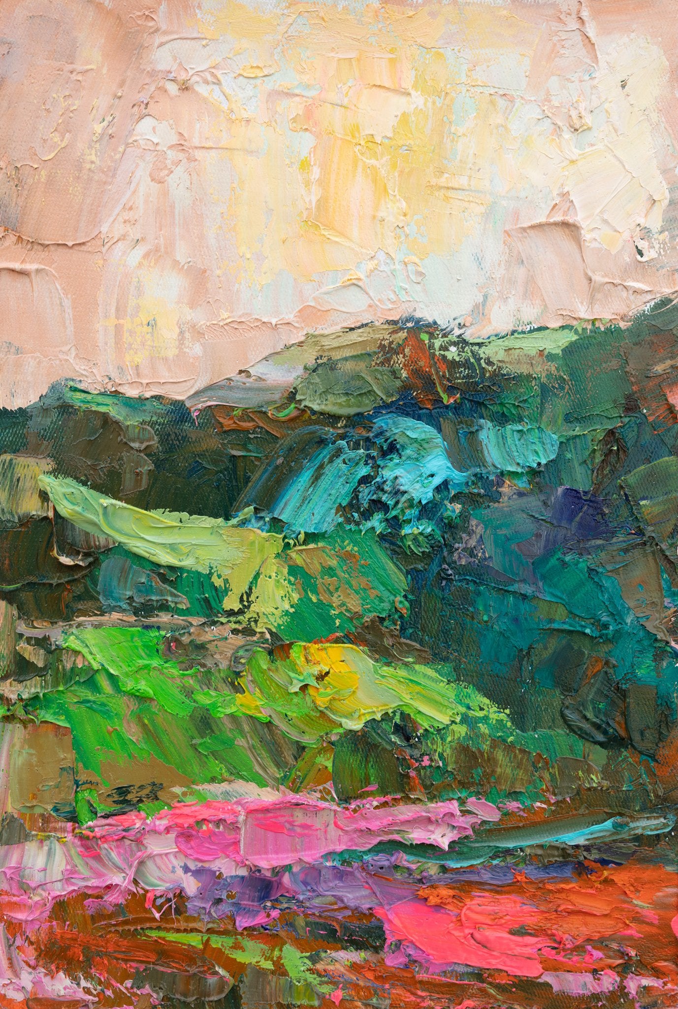 Vertical oil painting on canvas depicting a vibrant mountain landscape with thick impasto brushwork in green, pink, yellow, and blue tones; unframed, displayed flat on neutral surface