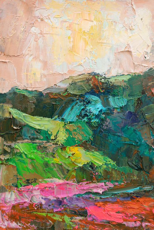 Vertical oil painting on canvas depicting a vibrant mountain landscape with thick impasto brushwork in green, pink, yellow, and blue tones; unframed, displayed flat on neutral surface