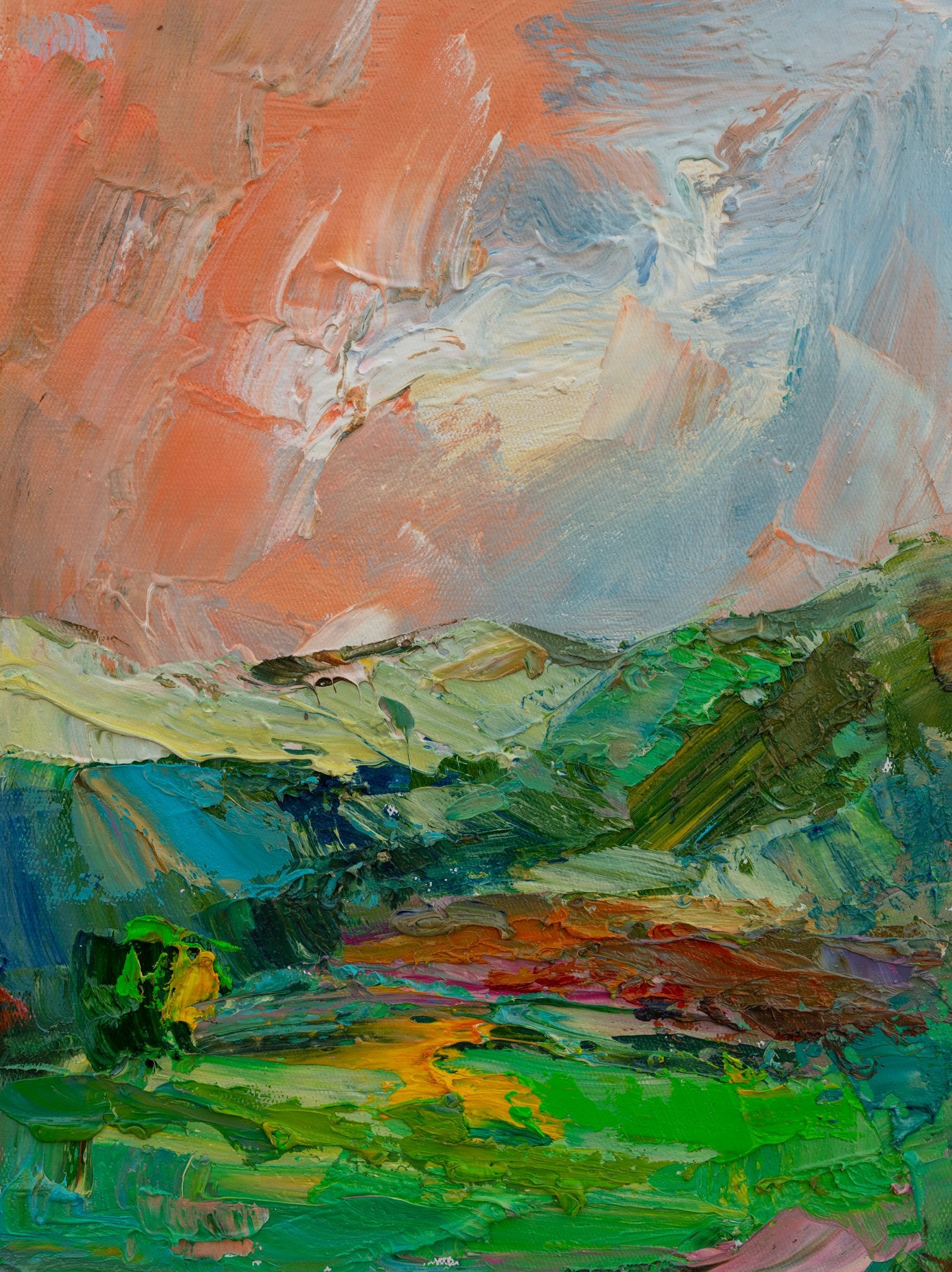 Vertical unframed oil painting on canvas featuring a textured landscape with bold green, blue, and orange hues, expressive brushwork, and impasto technique