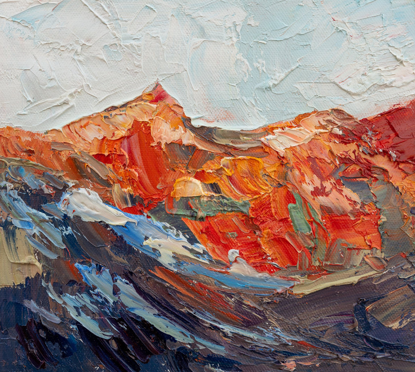 Abstract oil painting of a mountain landscape with bold red, blue, and white brushstrokes on canvas, unframed and displayed flat