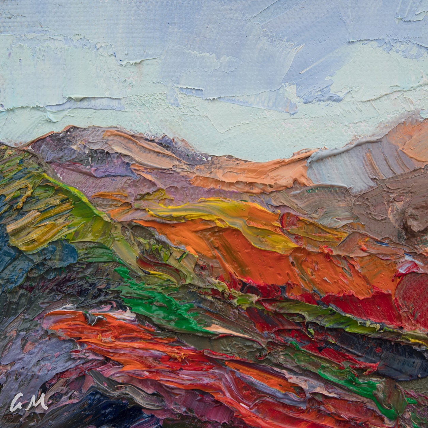 Unframed oil painting of a vibrant mountain landscape with thick impasto texture, bold red, orange, green, and blue hues, and visible artist initials in corner