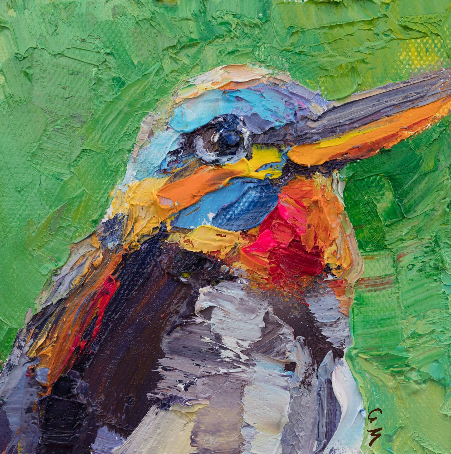 Expressive oil painting of a colorful bird with thick impasto brushwork on canvas, unframed, set against a vibrant green background