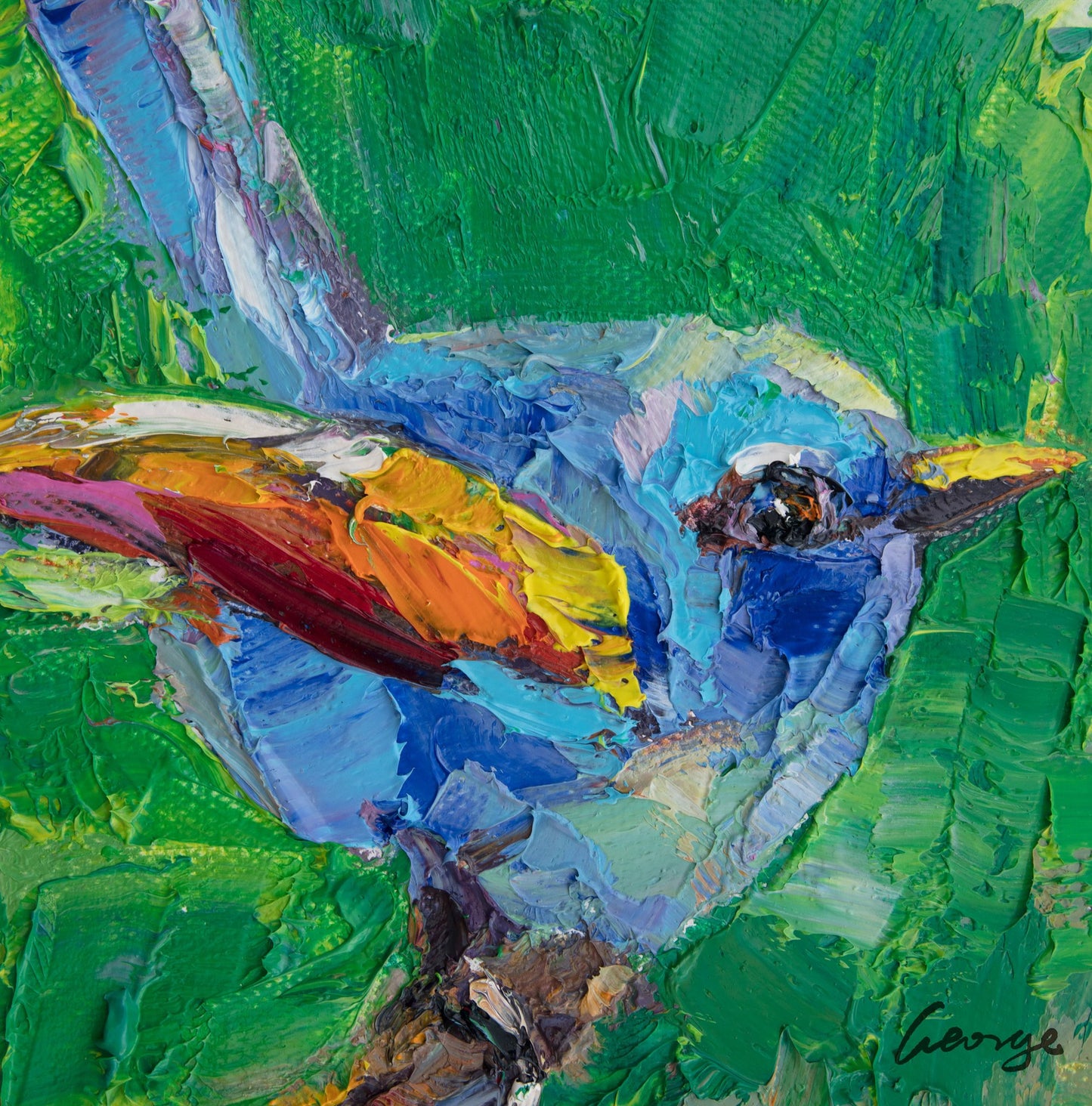 Vibrant abstract oil painting of a colorful bird on canvas, unframed, with bold green background and expressive brushwork