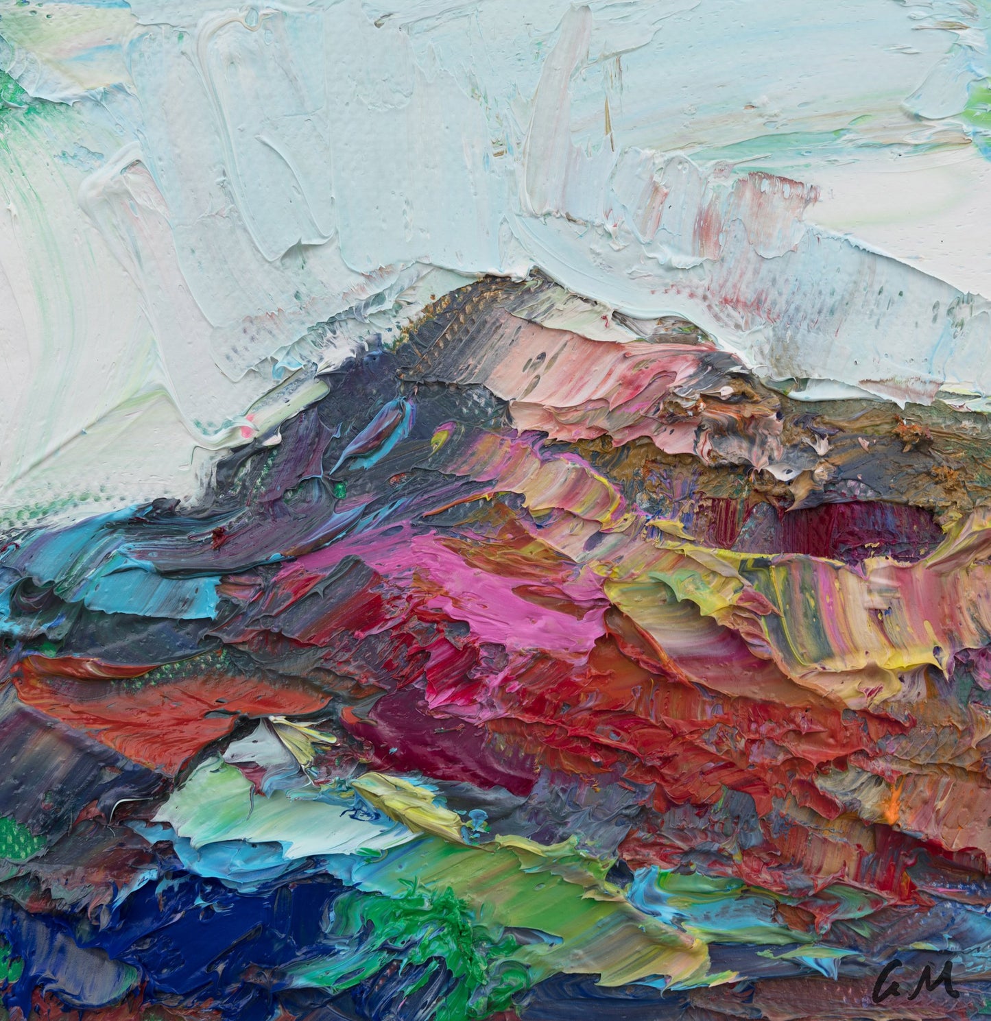Textured abstract landscape painting in oil on canvas, featuring bold red, blue, and green hues with thick impasto brushwork, unframed and displayed flat on a neutral surface.