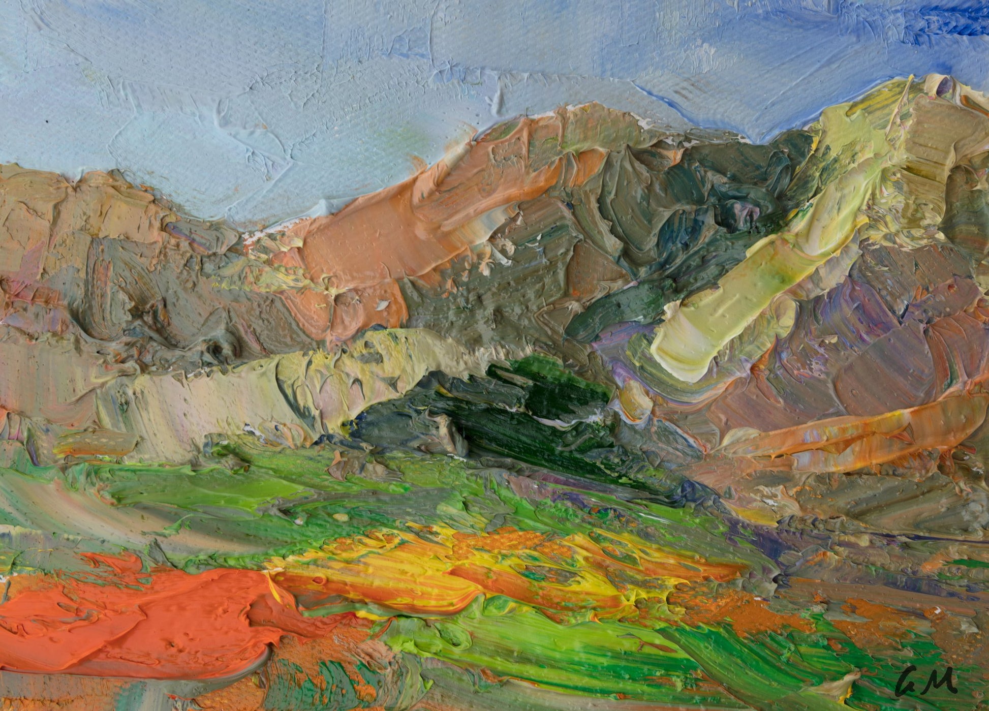 Vibrant expressionist oil painting of a desert canyon with bold green, blue, and orange hues, textured brushwork, unframed canvas on neutral surface